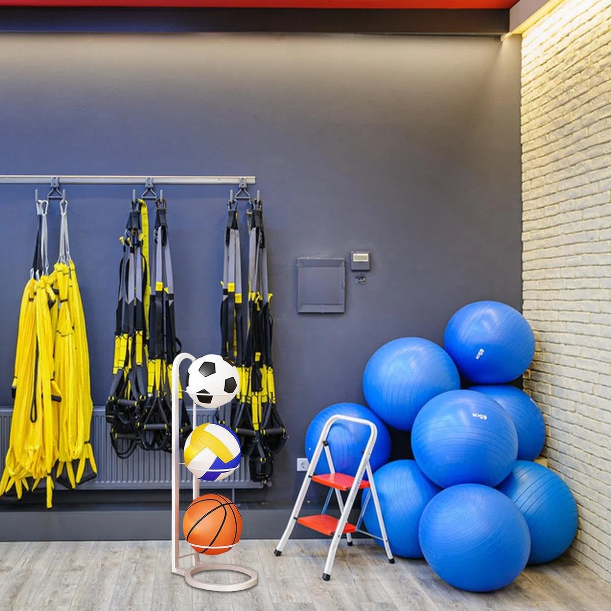 Estante Almacenamiento Pelotas, Soporte Baloncesto, Organizador Equipos Deportivos Garaje con Cesta, Estante Exhibición Vertical para Fútbol, Voleibol, Soporte Almacenamiento Pelotas