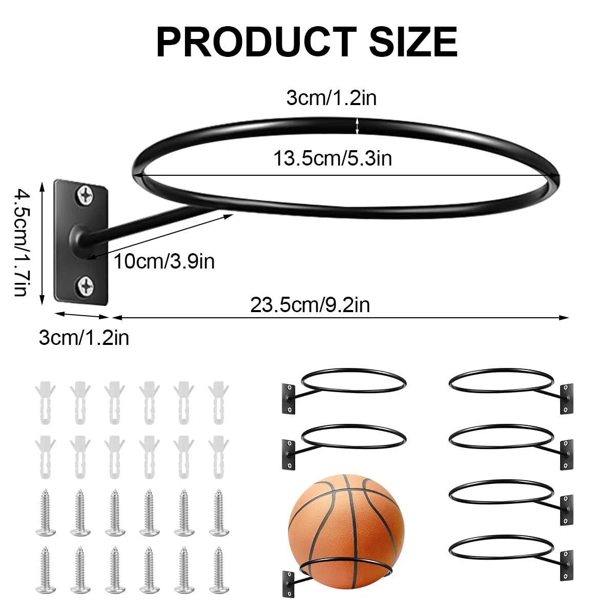 VicBou 6 Piezas Soporte de Pared para Balones, Soporte de Exhibición de Pelota, Almacenamiento de Pelotas de Pared con Tornillos, Estante para Pelotas de Baloncesto Rugby Voleibol Fútbol