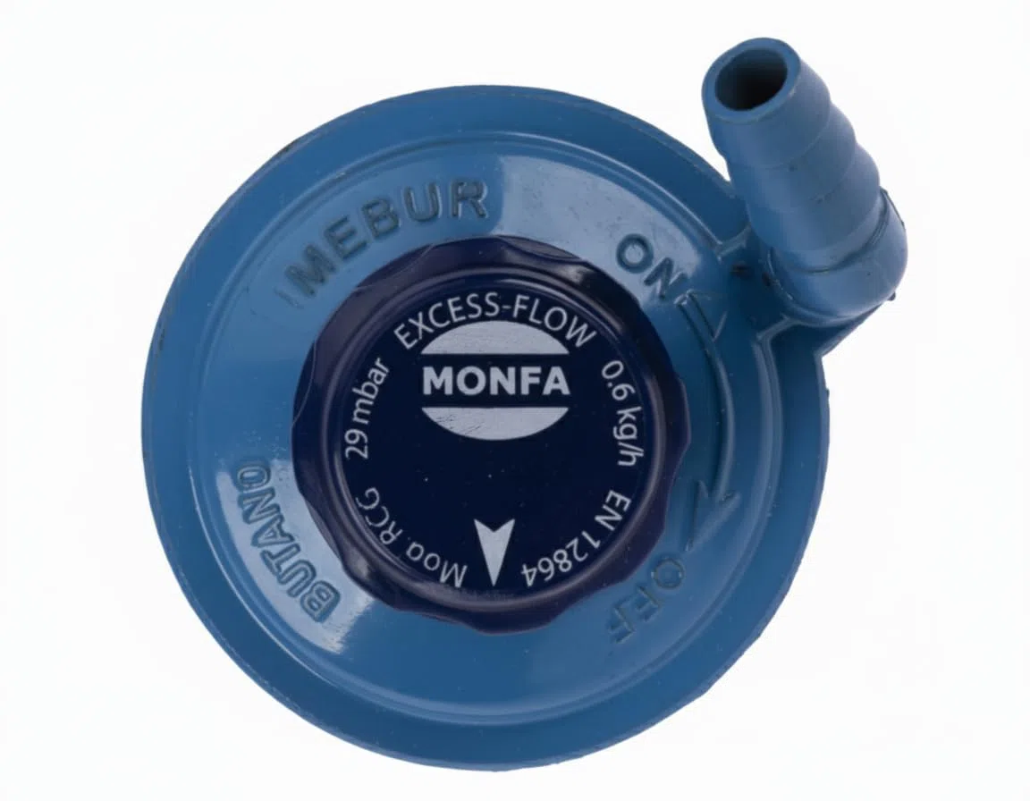 Regulador de camping Gas, para botella azul de Camping Gas Butano de 29 mbar, Conexión M16x1.5, Boquilla 10mm, Caudal 0.6 Kg/h - La boquilla de salida es orientable, se puede girar 360º