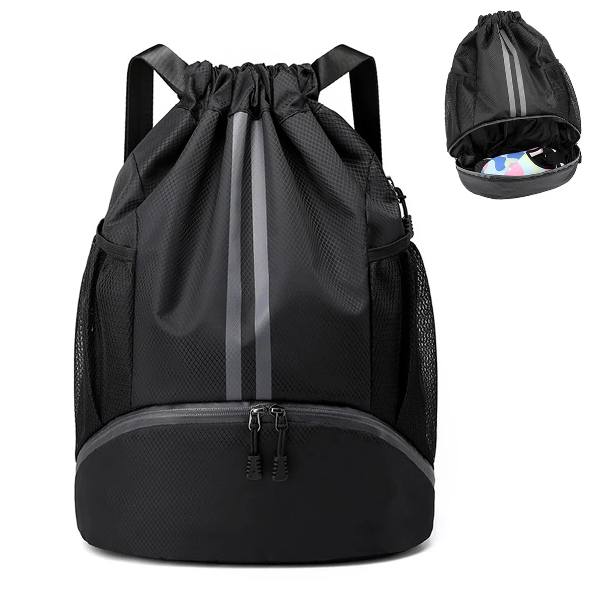 JAWAI Mochila Impermeable con Cordón, Ajustable Casual Saco Gimnasia, Impermeable Saco de Gimnasia con Bolsa Seca Húmeda Separada, para Acampar, Yoga, Fitness, Viajes, Montañismo (Negro)