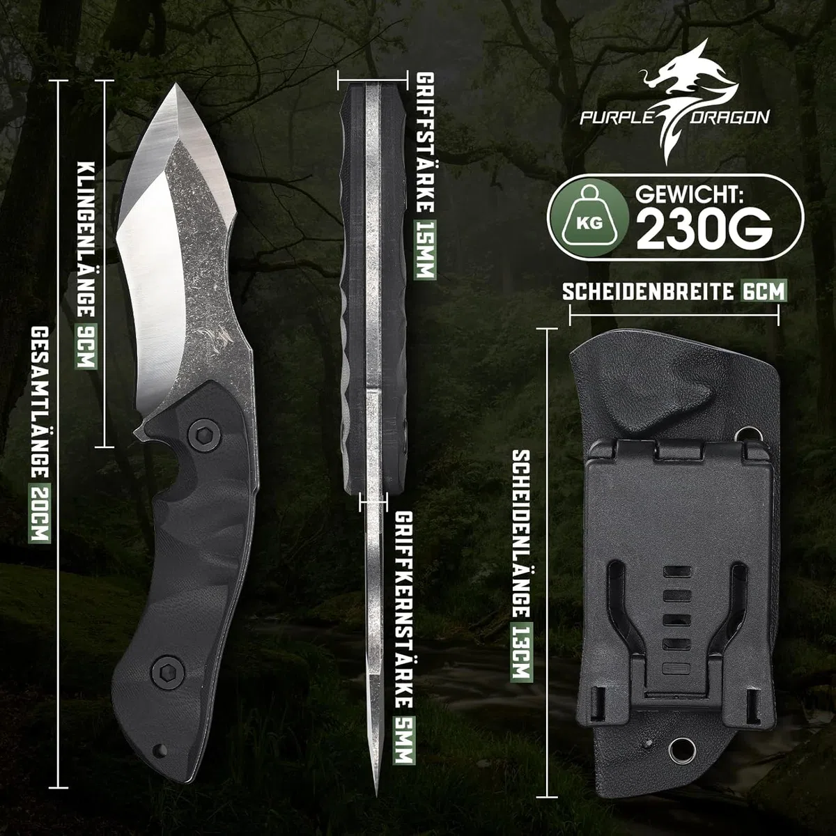 Purple Dragon Cuchillo de Supervivencia al Aire Libre, Full Tang Cuchillo de Supervivencia con Mango G10, Hoja Fija de Acero D2, Camping Cuchillo Kydex Funda, Regalo Para los Hombres