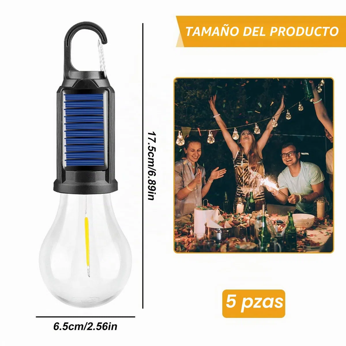 Lámpara de Camping Solar Recargable - 5 Unidades LED Con Mosquetón Para Tienda de Campaña y Luces Portátiles
