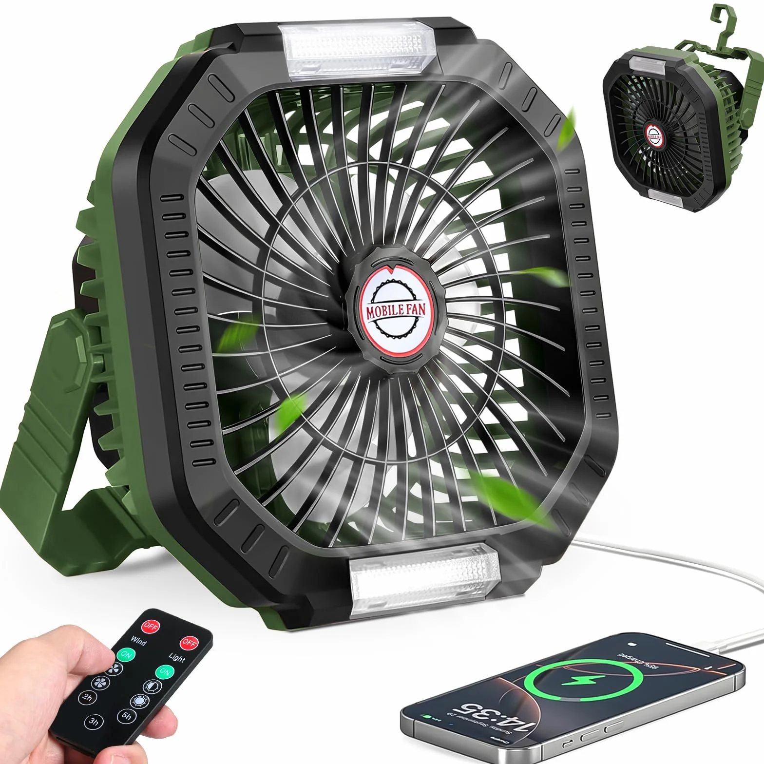 Ventilador Camping Recargable 7800mAh, Ventilador Portátil Batería USB, 4 Velocidades de Ventilación, 3 Modos de Temporizador, con Mando a Distancia, para Camping, Viajes, Playa, Familia