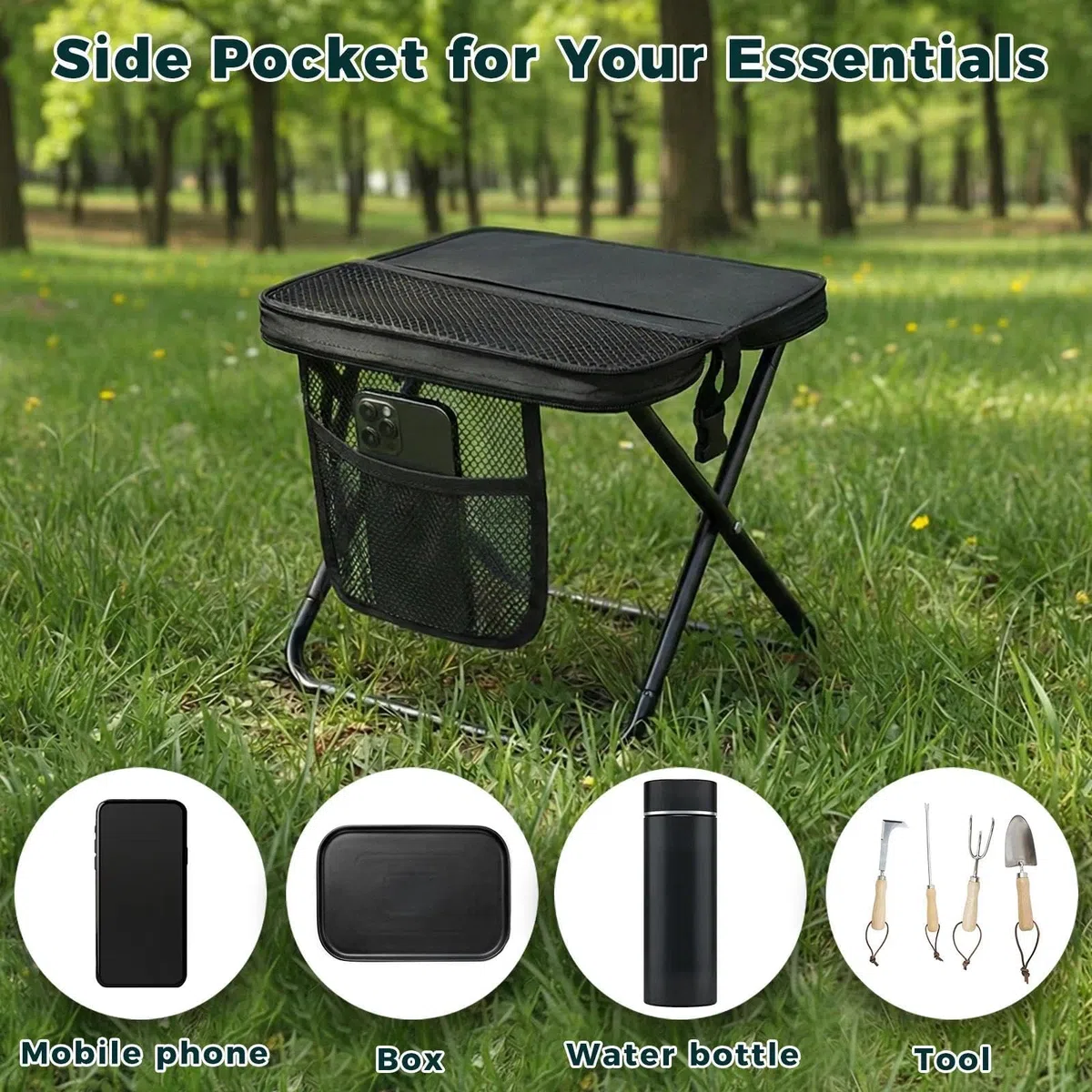 Taburete plegable portátil,Taburete de Camping,Taburete plegable con bolsillos laterales,Asiento Sillas Taburetes Plegables Portátil para Camping Pesca Playa Senderismo Jardin Exterior, Soporta 120kg