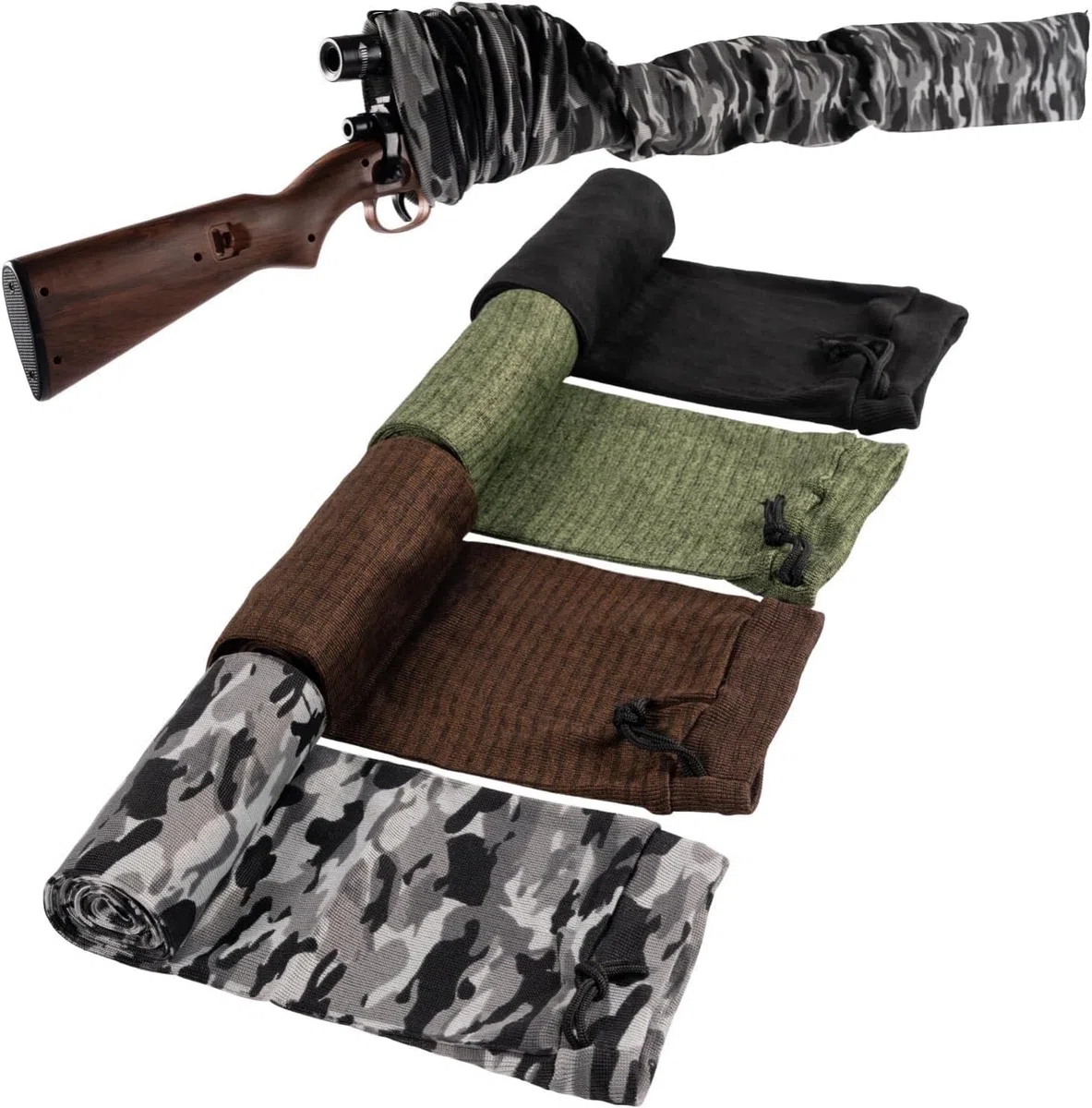 Calcetines de 4 Piezas Para Rifles y Escopetas | 132 cm x 15 cm - Diseño Elástico y Cierre de Cordón Para Cazar | A Prueba de Polvo