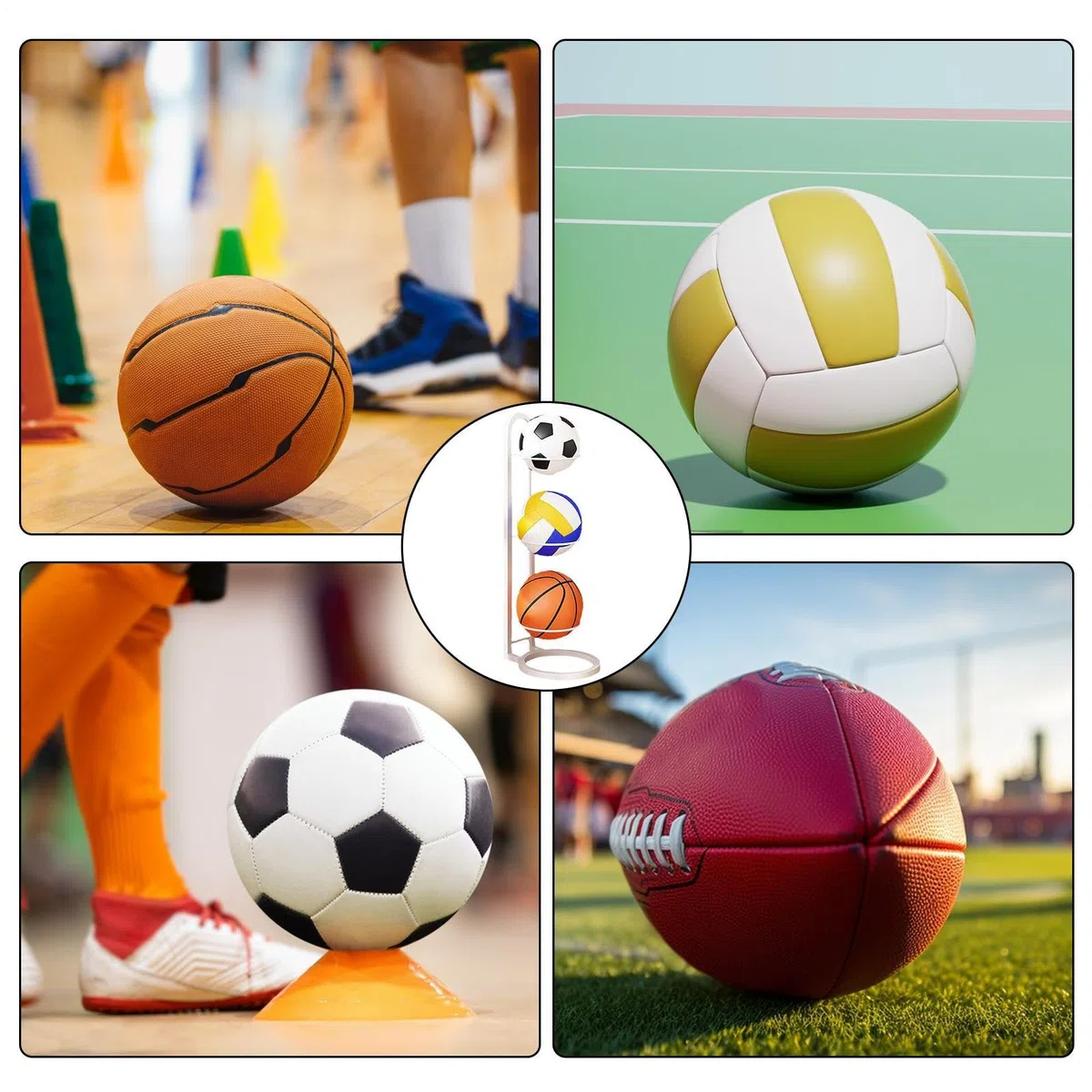 Estante Almacenamiento Pelotas, Soporte Baloncesto, Organizador Equipos Deportivos Garaje con Cesta, Estante Exhibición Vertical para Fútbol, Voleibol, Soporte Almacenamiento Pelotas