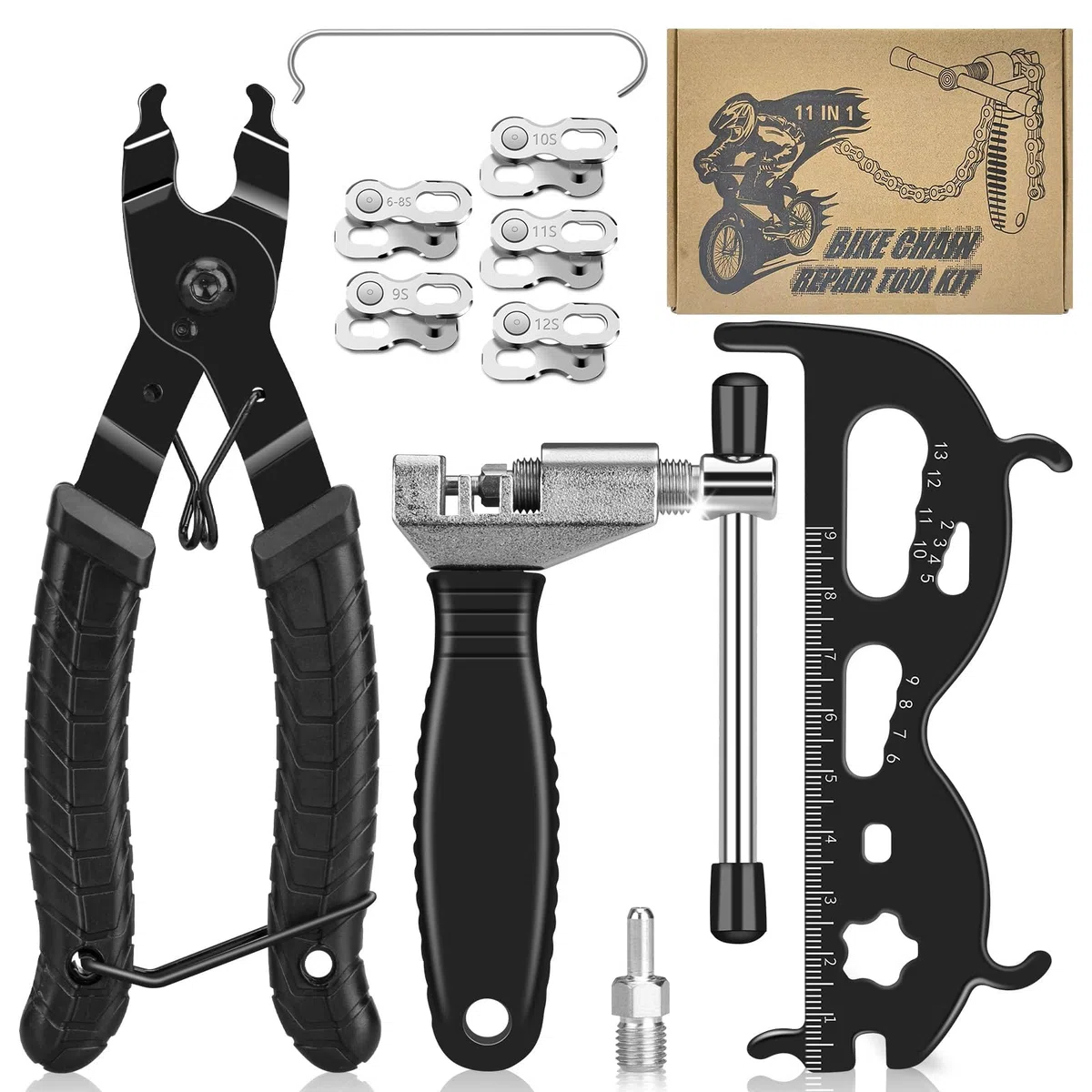 Tronchacadenas Bicicleta, Herramienta de Cadenas de Bicicleta con Alicates de Bloqueo de Cadena, Desgaste de la Cadena, 5 Pares Eslabones Perdidos para Cadena de 6-8/9/10/11/12 Velocidad