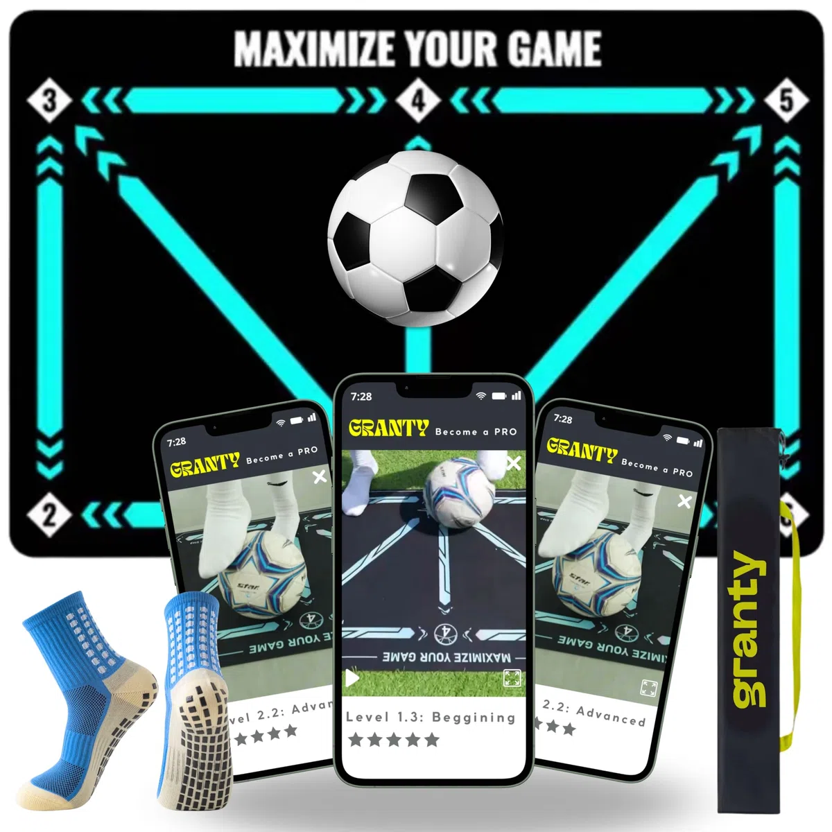 GRANTY Alfombra Entrenamiento Futbol CON APP - Incluye Calctines + Bolsa + App de Entrenamiento con Videos Interactivos - Alfombra Futbol Entrenamiento