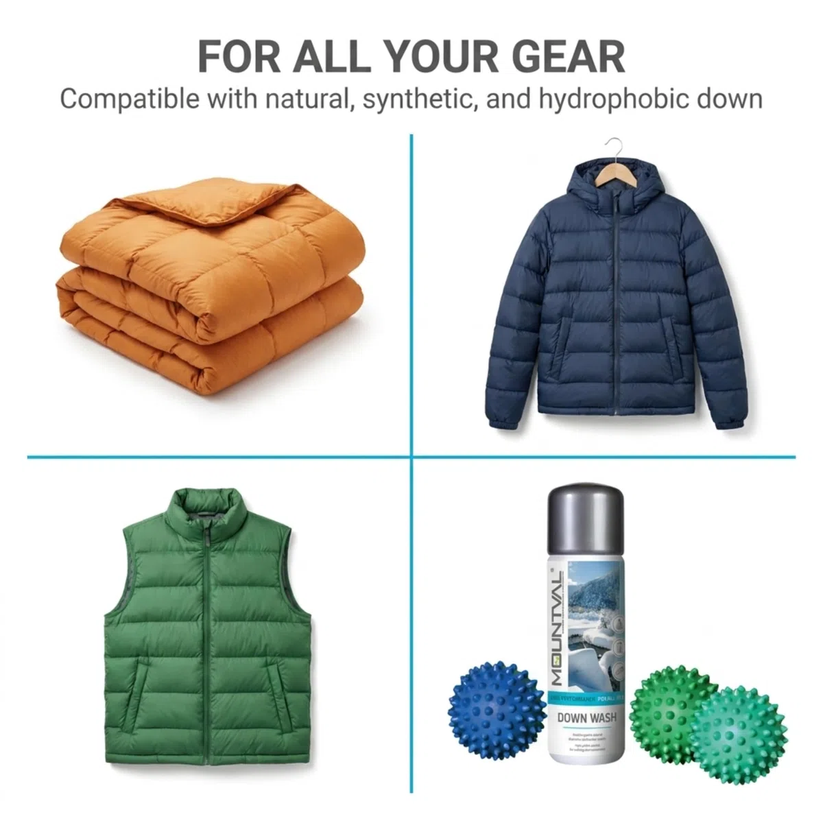 Mountval Kit Lavado Prendas con Plumas, Detergente Suave para Restaurar Chaquetas, Sacos de Dormir y Equipo para Actividades al Aire Libre, Pelotas de Secadora para Plumíferos - 300 ml