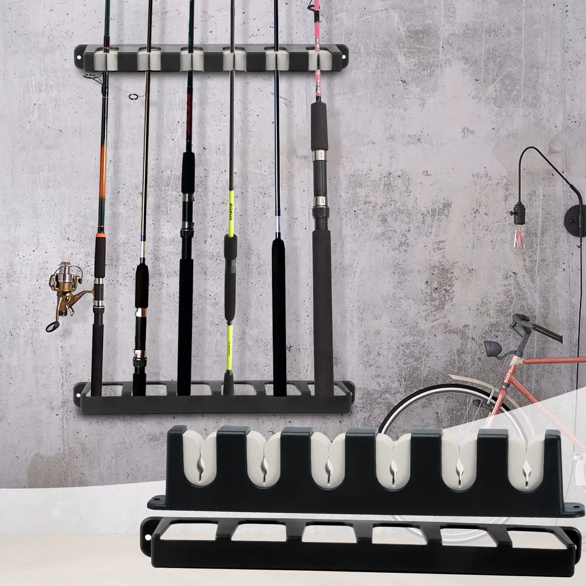 Soporte de Caña de Pescar Verticales para 6 cañas, Taco de Billar Soporte de Pared , ideal para cañas de pescar y otras barras diferentes para guardar para Sala de Garaje, Tienda de Barcos (A)