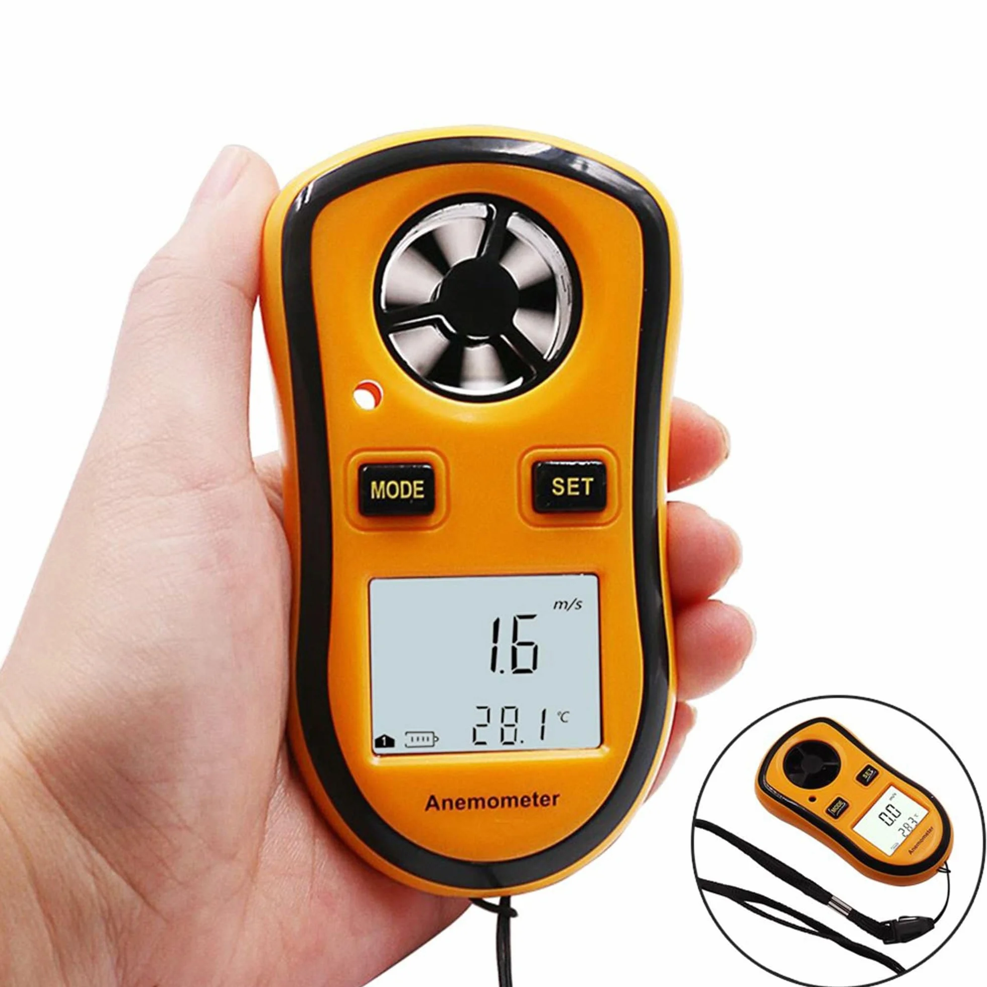 FISHTEC Anemómetro Digital Portátil - Mide la velocidad del viento actual/media/máxima + Temperatura - Pantalla LCD retroiluminada - Ideal para windsurf, pesca, cometas y alpinismo