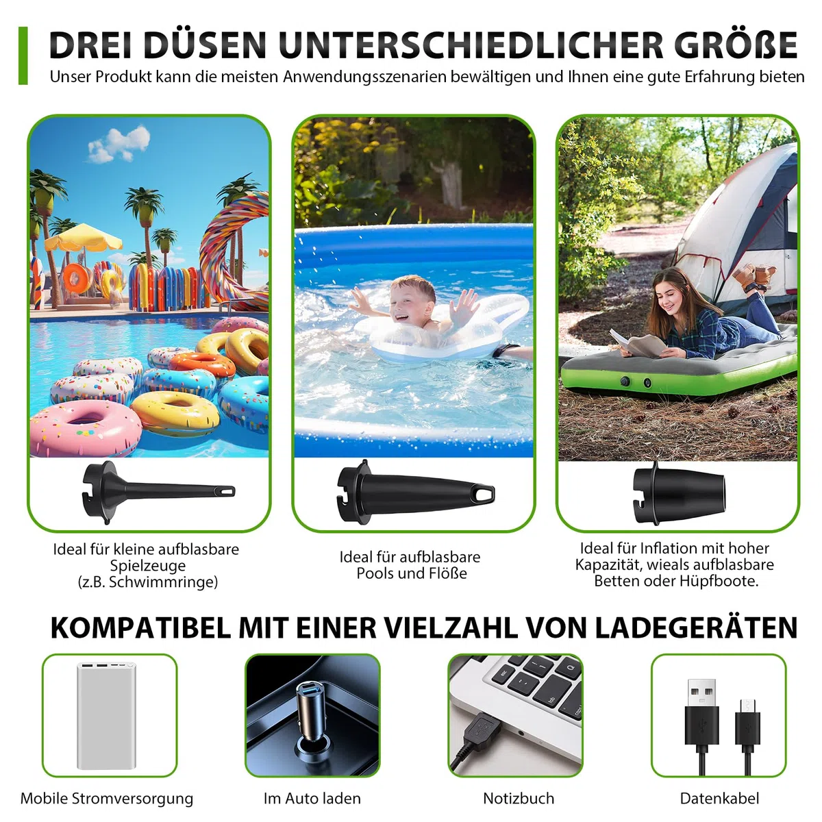 Bomba de aire eléctrica con batería, bomba para colchón hinchable 5200mAh recargable, mini bomba eléctrica de 2 en 1 con USB para inflar y desinflar, con 3 boquillas de aire para colchón hinchable