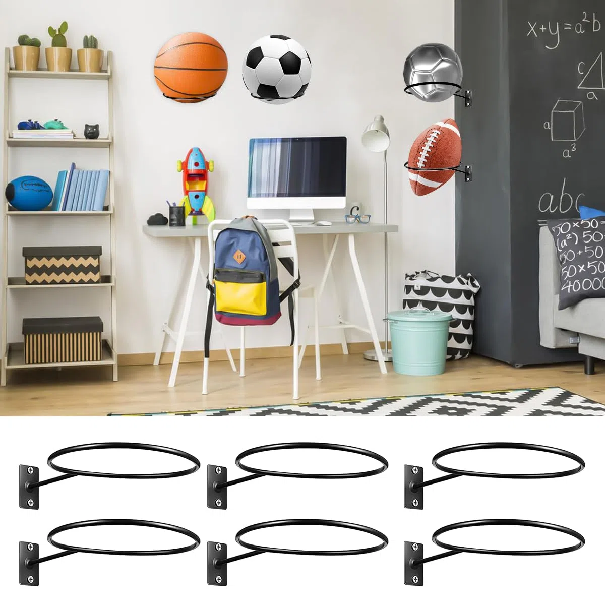 VicBou 6 Piezas Soporte de Pared para Balones, Soporte de Exhibición de Pelota, Almacenamiento de Pelotas de Pared con Tornillos, Estante para Pelotas de Baloncesto Rugby Voleibol Fútbol
