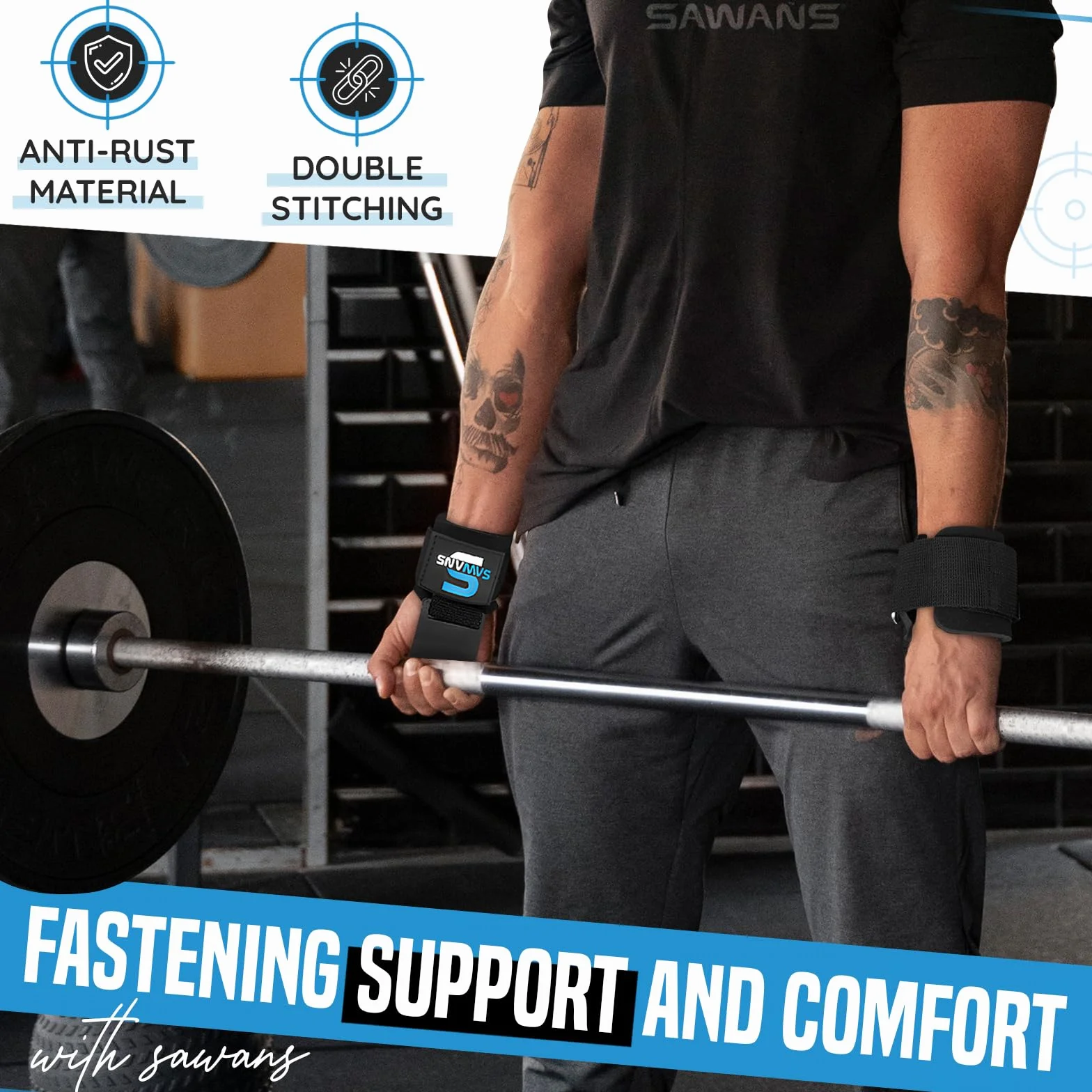 SAWANS Soporte de muñeca Ganchos de levantamiento de pesas Entrenamiento Gimnasio Bar Soporte Guantes acolchado grueso, de neopreno, con revestimiento correas goma Power Wrist Straps (Negro)