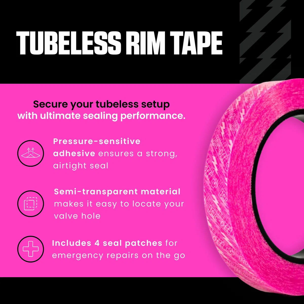 Muc-Off Tubeless Rim Tape, 28 mm - Cinta de Llanta para Ruedas Tubeless - Fondo de Llanta Adhesivo Sensible a la Presión - Cinta de Fondo de Llanta de 10 m con 4 Parches de Sellado de Ruedas