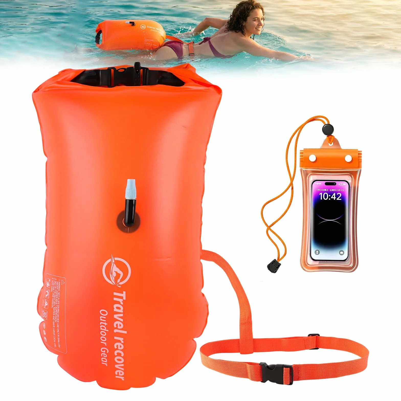 20L Boya Natacion Aguas Abiertas, Boya Natacion con Bolsa Impermeable, Boyas inflables aptas para Aguas Abiertas y triatlón, Funda Impermeable para teléfono incluida, Naranja