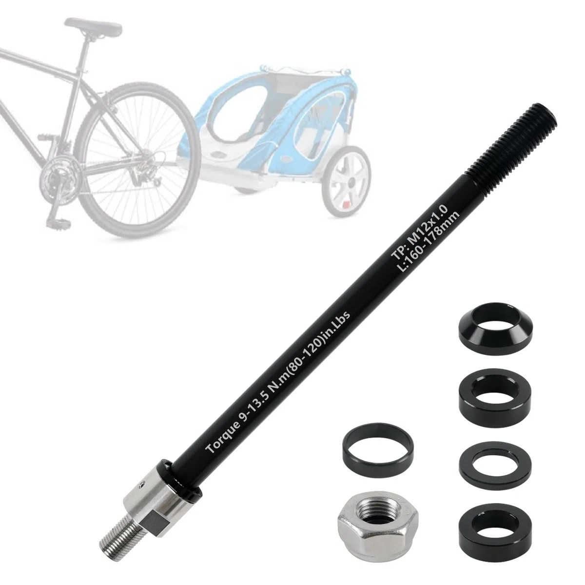 Adaptador de eje pasante M12 para 160-178 mm, longitud de eje ajustable para remolques de bicicleta, adaptador de eje pasante para la mayoría de acoplamientos de remolques de bicicletas
