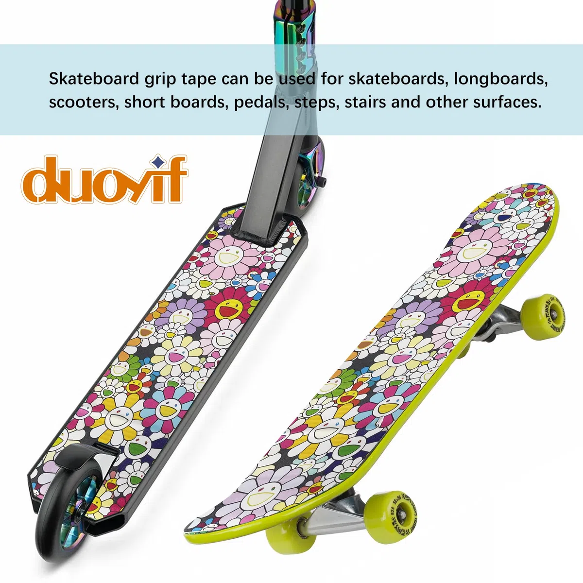 duoyif Skateboard Griptape, Lijas De Skateboards Scooters, Cinta De Agarre De Lijas Para Monopatín Longboard Scooters - Grip Tape Sin Burbujas, Antideslizante (Sol-Flor, 84x23cm)