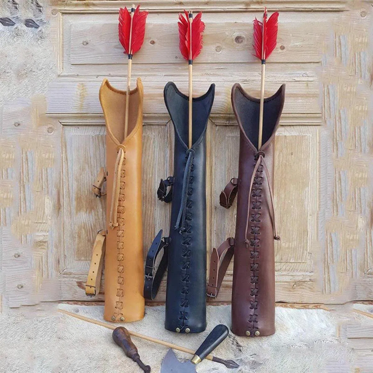 Cuero Medieval Vintage Arrow Quiver Bow Holder Cosplay Archer Hunter Larp Props Steampunk Recurve Bow Hunt Shoot Bag para Adultos, Estilo Medieval