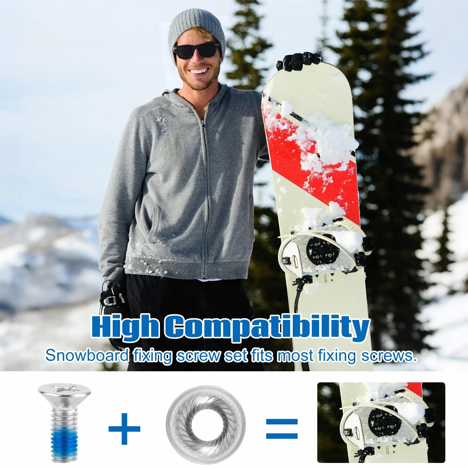 Juego de 8 tornillos de fijación para tabla de snowboard, M6 de acero inoxidable con arandelas antideslizantes, tornillos con destornillador para piezas de repuesto para snowboard deportivo