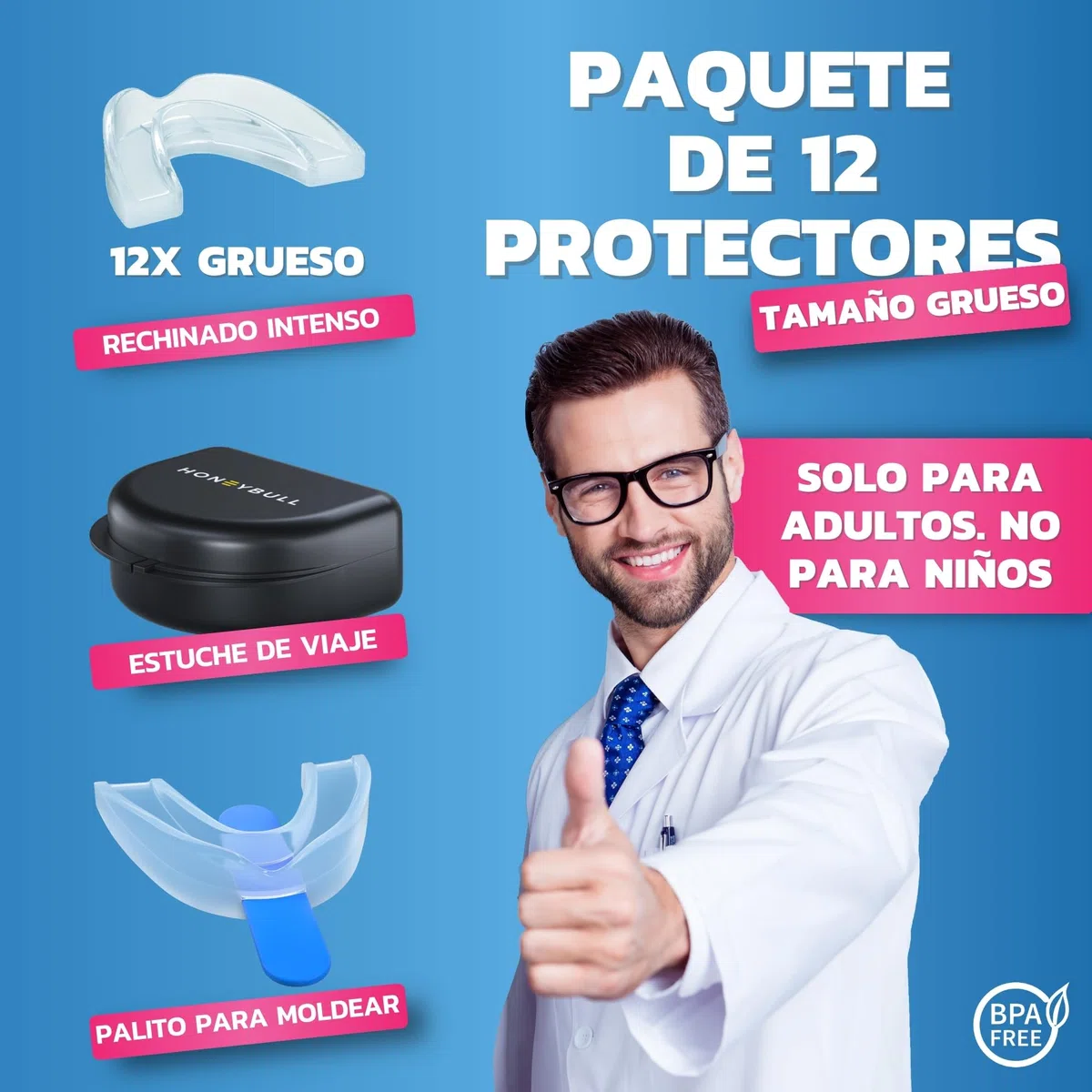 HONEYBULL Férula Antibruxismo Ajustable, Protector Bucal Cómodo para Bruxismo Nocturno Leve y Severo (12 Unidades - Grueso)