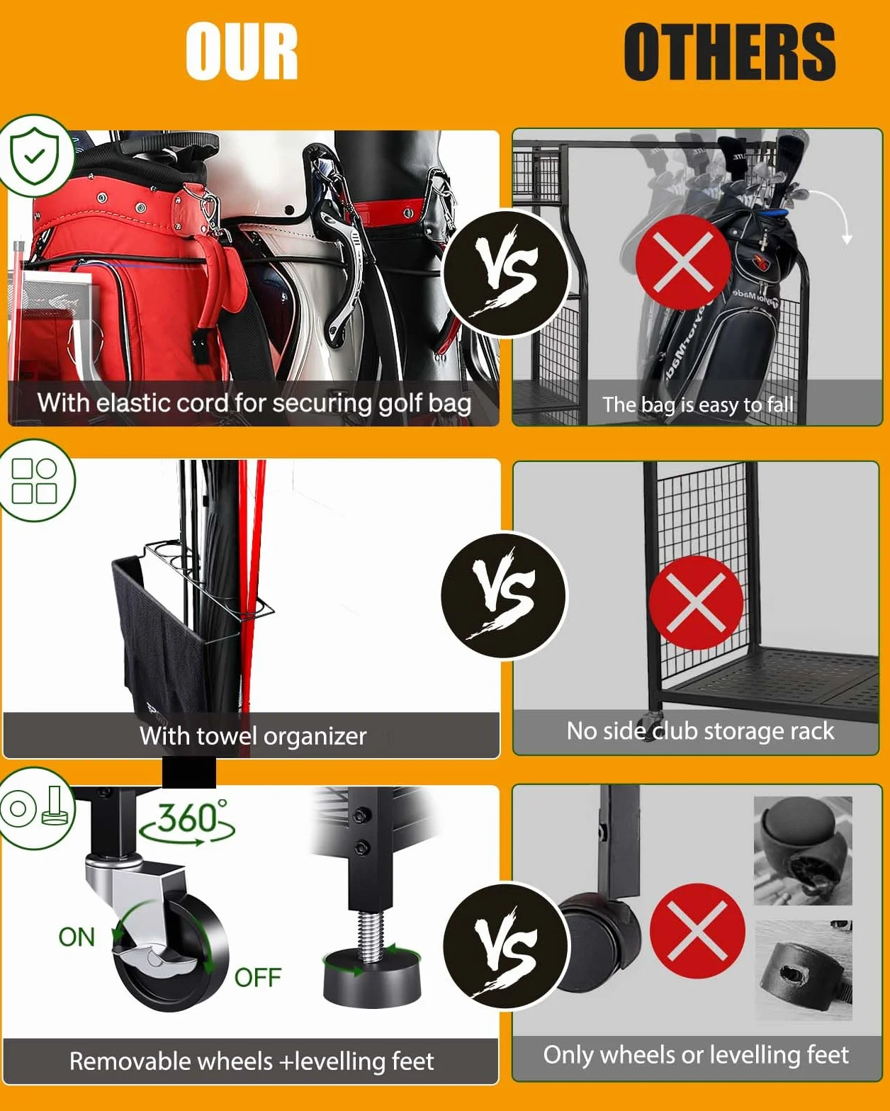 EXTCCT Organizador de almacenamiento de bolsas de golf, soporte para bolsas de golf para accesorios de equipo de golf, estante de almacenamiento de bolsas de golf con ruedas, palos de golf,