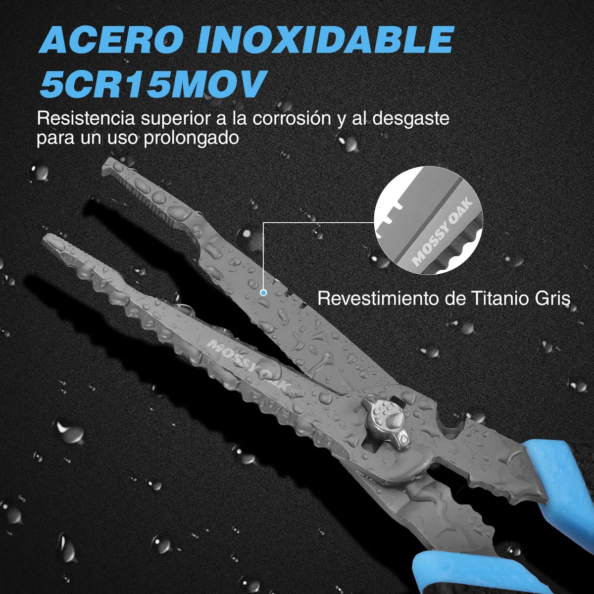 Mossy Oak Alicates de Pesca Multifuncionales con Cortador de Líneas, Sacador de Anzuelos y Raspa Escamas, Acero Inoxidable 5Cr15MoV con Recubrimiento de Titanio, Ideal para Pescadores