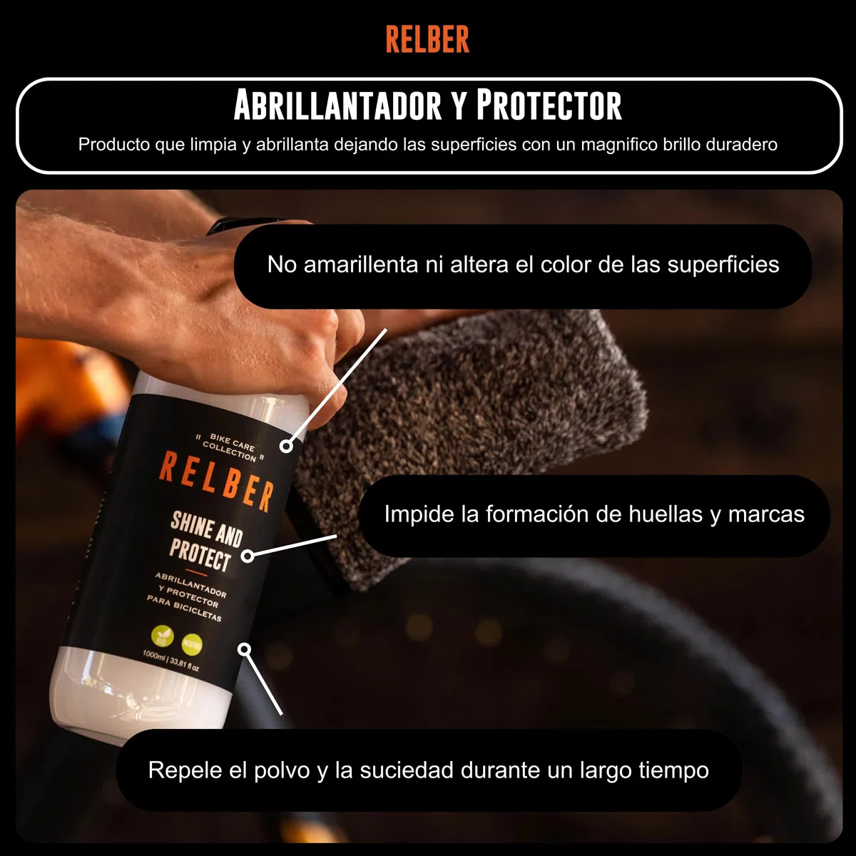 relber - Abrillantador y Protector Bicicleta 1L | Abrillantador de Neumaticos Ciclismo | Kit Limpieza Bicicleta MTB o Bicicleta Carretera | Shine and Protect Bike | Limpiadores para Bicicletas