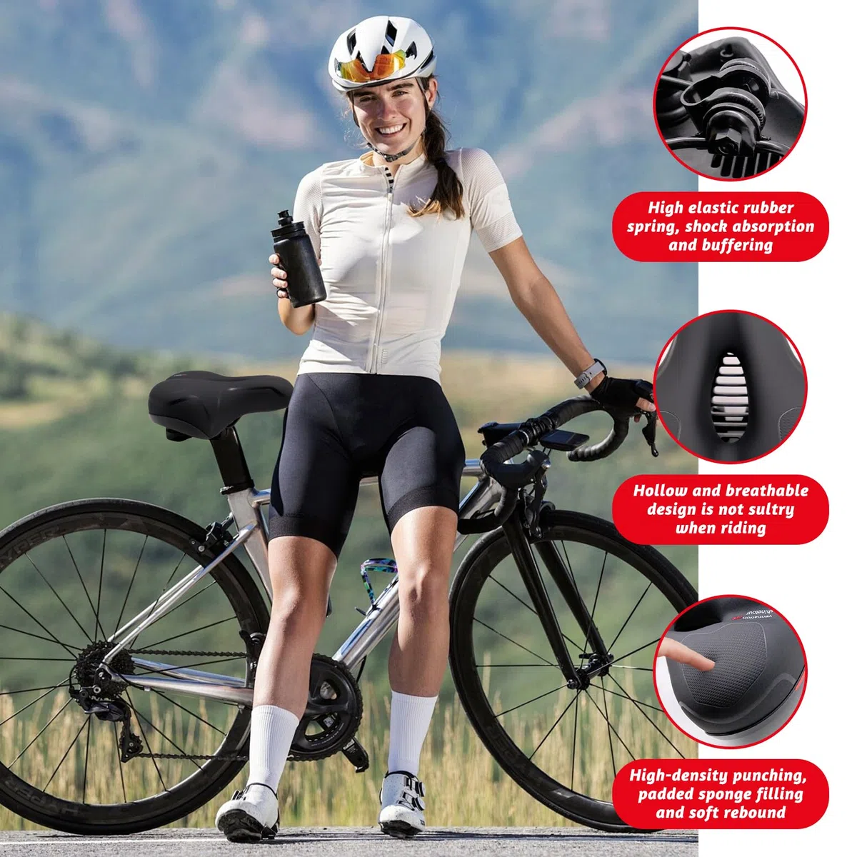 Sillín Bicicleta Muy Cómodo Hombre Mujer, Asiento Ancho con Amortiguador, Cuero Antideslizante en Panal y Canal de Ventilación para MTB, Urbana y Trekking, Negro Rojo