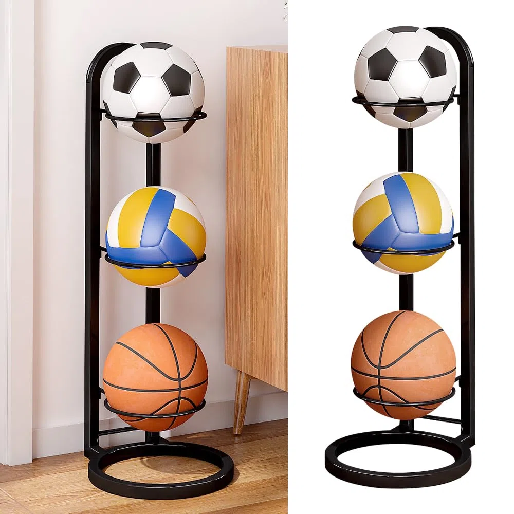 Kleemeiero Soporte para Balones de Baloncesto, Soporte Pelota Baloncesto Vertical de 3 Niveles, Estante de Bolas de Metal, Estante de Almacenamiento de Pelotas para Baloncesto, Fútbol y Voleibol