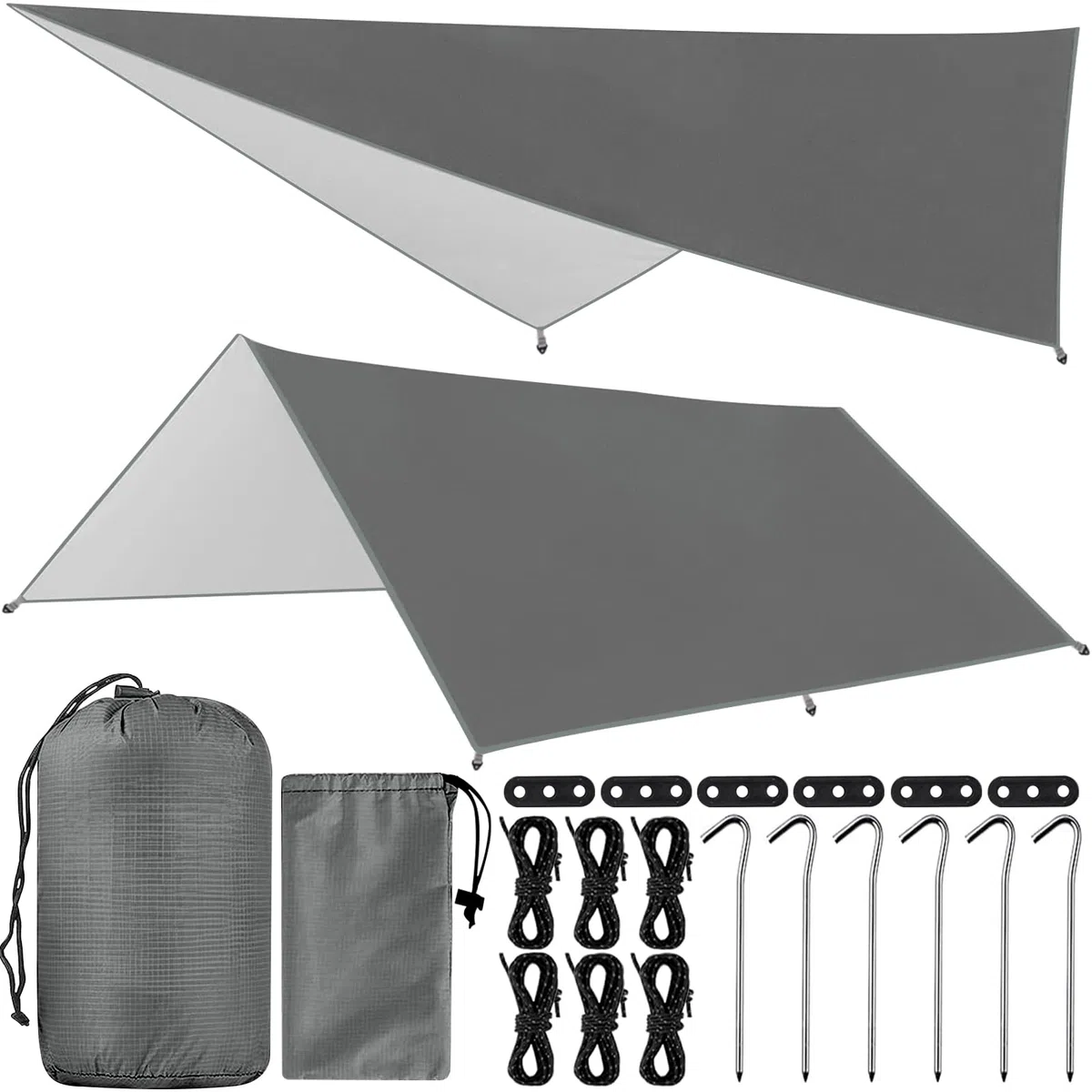Toldo de Refugio Camping 3x3M, Tienda de Campaña Tarp Impermeable con 6 Cuerdas + 6 Clavos de Tierra + 2 Bolsa de Guarda, Lona Toldo Camping para Vivac, Picnic, Playa, Hamaca, Furgoneta