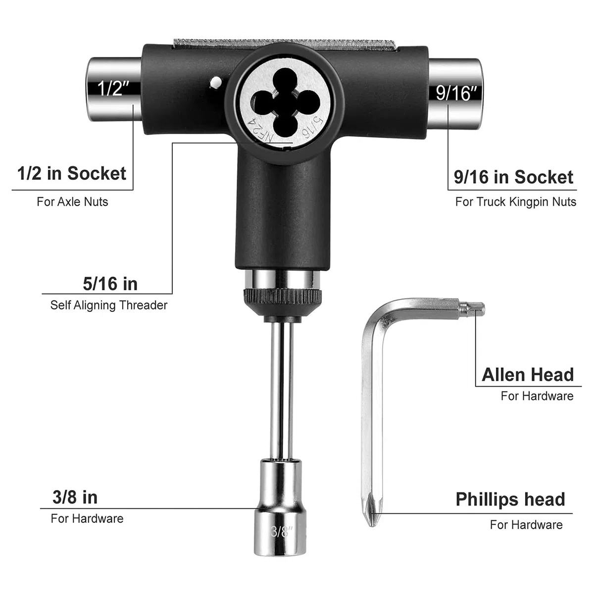 Tlilyy Skate Tool - Herramienta multifunción para monopatín con trinquete y kit de