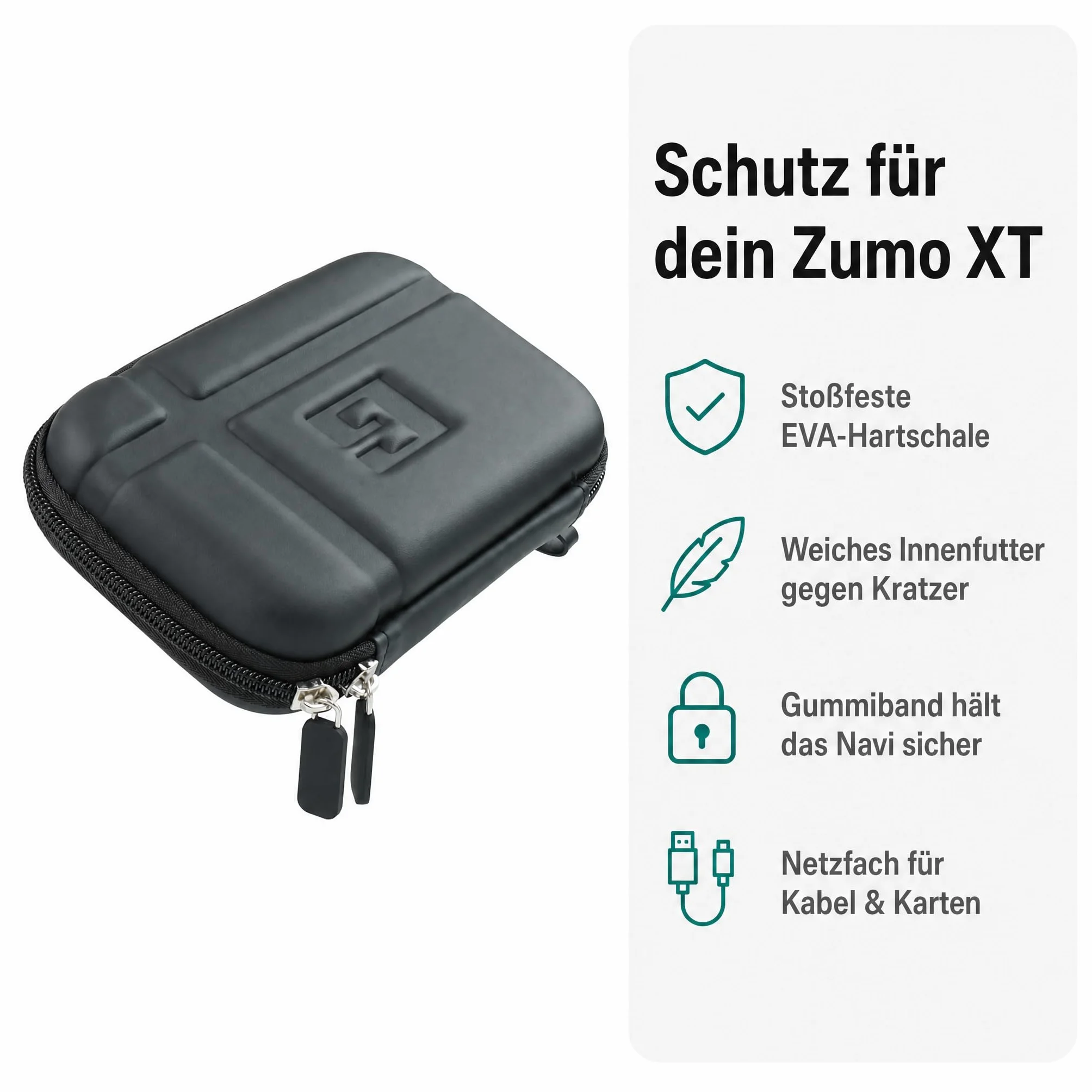 caseroxx Funda para navegador Garmin Zumo XT, carcasa rígida EVA con forro interior suave, fijación elástica y bolsillo de malla, protección antigolpes, cremallera bidireccional y mosquetón, aprox. 18