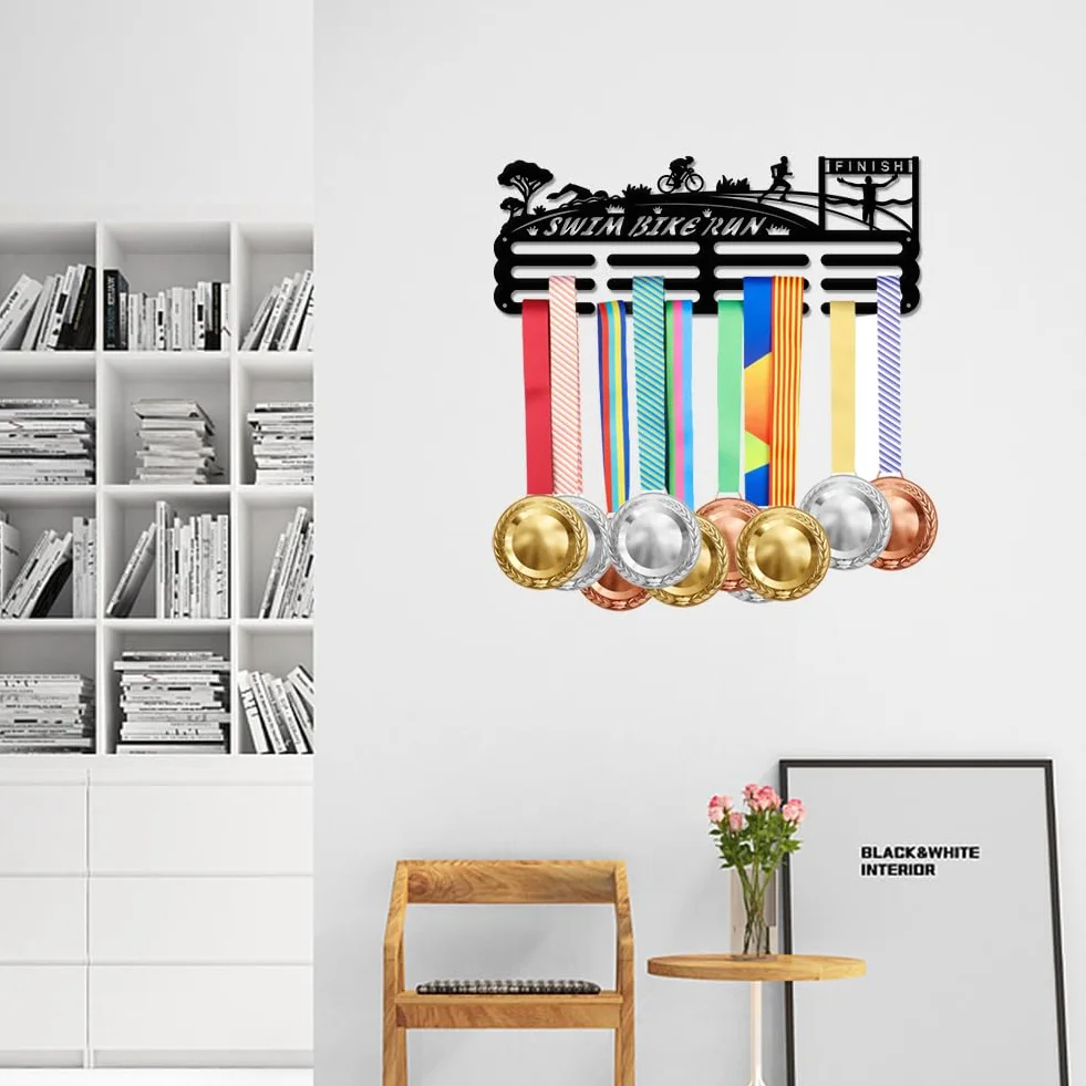 SUPERDANT Soporte para medallas de triatlónpara nataciónbicicletacorrersprint y exhibiciónde hierro negropara colgar en la paredpara medallas de competiciónpara colgar en la paredmás de 60 medallas