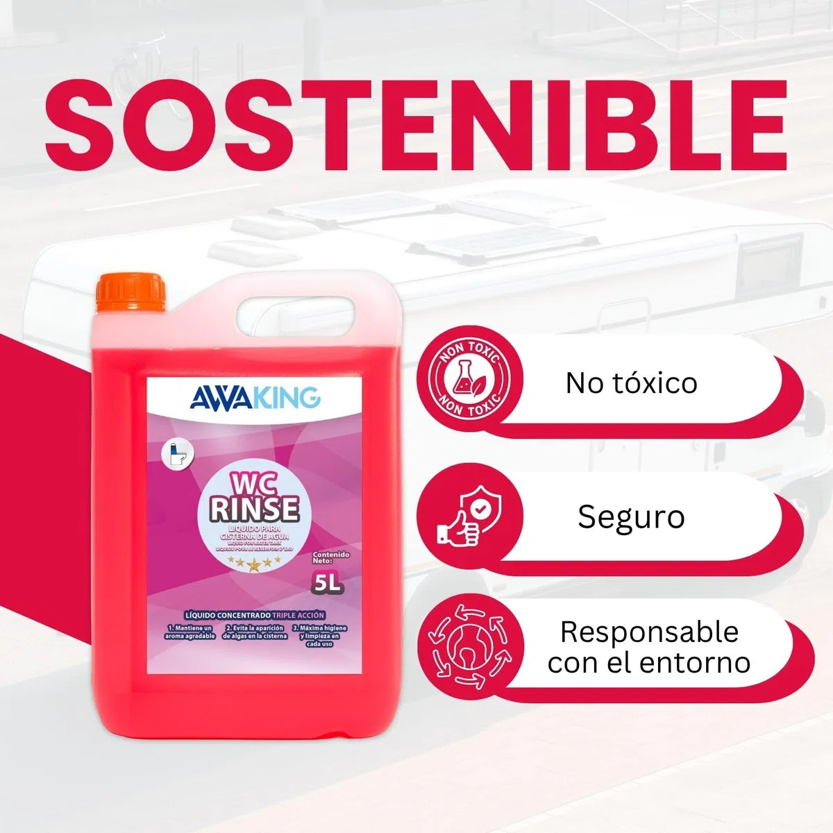 AWAKING liquido wc quimico Rinse 5L | líquido wc quimico caravana para cisterna | Limpia y desodoriza la taza con cada descarga | Aroma fresco y uso fácil (El empaque puede variar)