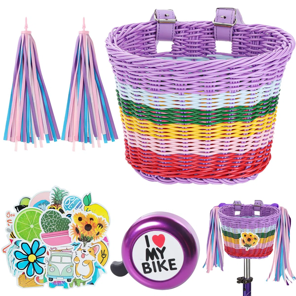 Cesta Bicicleta Delantera para Bicicleta Infantil Desmontable, Cesta Bici Niño Niña, con Correa de Piel, Timbre de Bicicletas, Serpentinas, Pegatinas, Regalos para Niños, Niñas