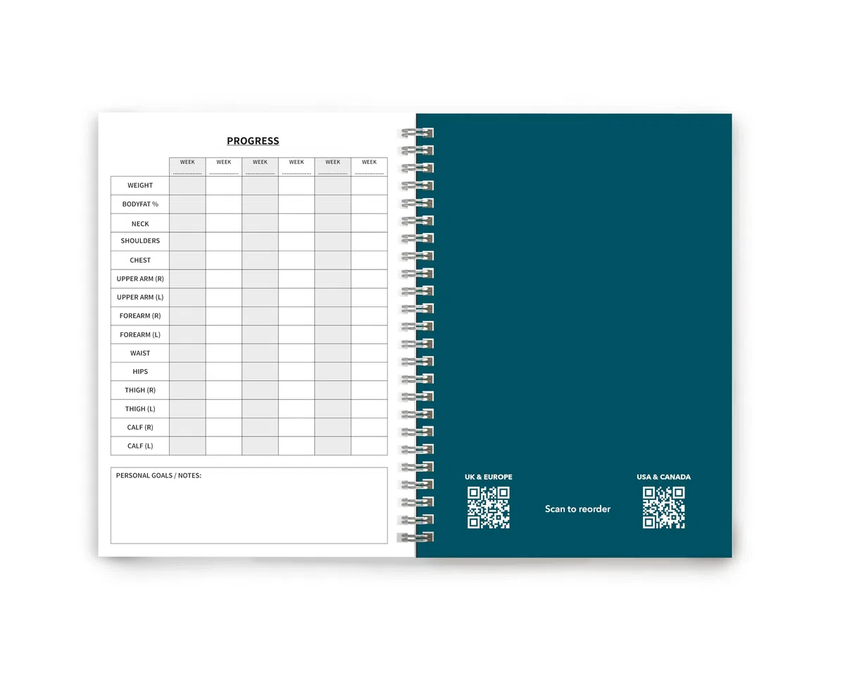 The Gym Log - El cuaderno de registro perfecto para grabar todos tus entrenamientos. Tamaño A5 con 104 páginas y suficiente espacio para 100 entrenamientos. Un esencial para todos los regímenes de