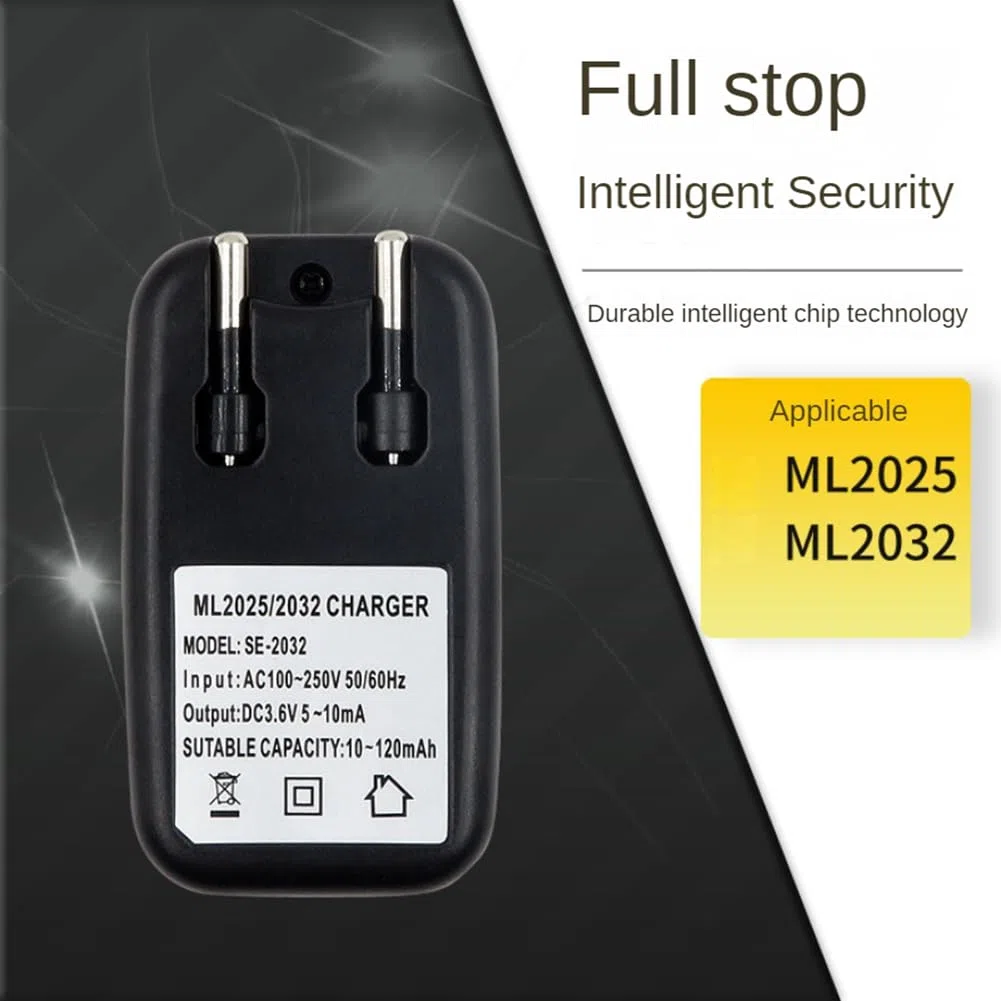 Cargador de Batería de Litio de 3,6 V, Adaptador de Cargador de Batería 2032 2025 para Batería de Botón de Moneda ML2032 ML2025, Enchufe Europeo
