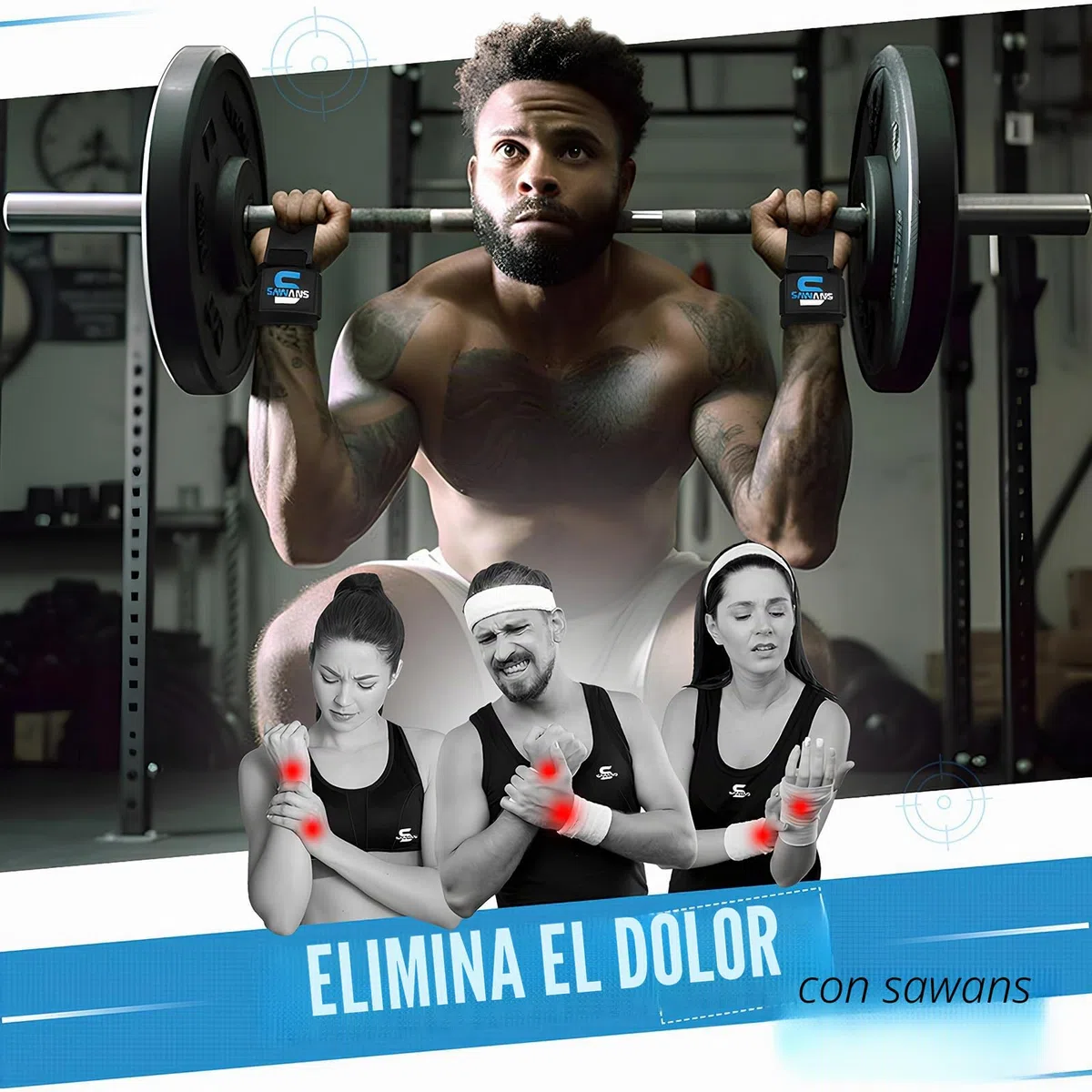 SAWANS Soporte de muñeca Ganchos de levantamiento de pesas Entrenamiento Gimnasio Bar Soporte Guantes acolchado grueso, de neopreno, con revestimiento correas goma Power Wrist Straps (Negro)