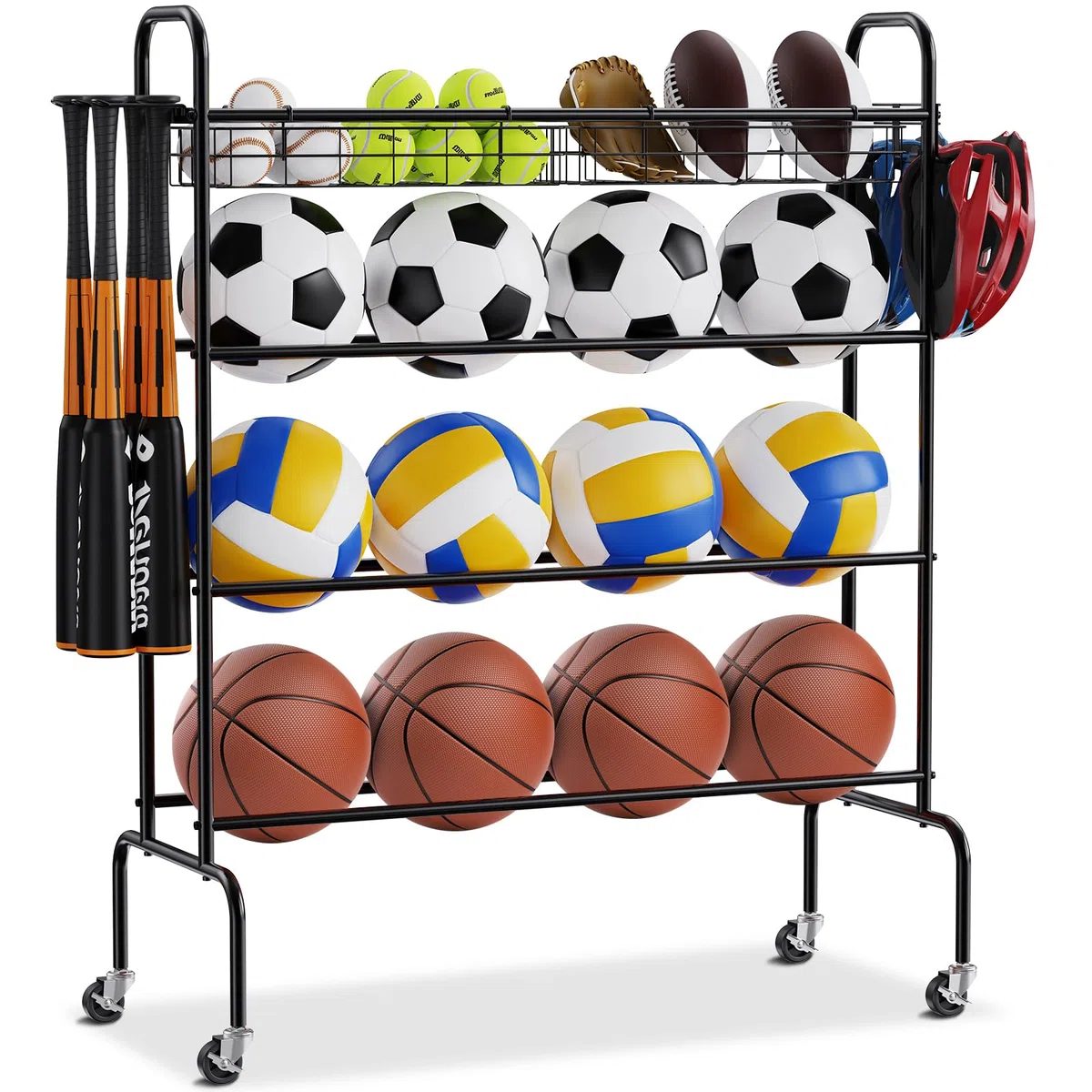 VEVOR Estante para Pelotas de 4 Capas, Soporte de Baloncesto con Ruedas, Organizador de Almacenamiento de Equipo Deportivo con Ganchos y Cestas, para Entrenamiento de Tiro, Baloncesto, Fútbol