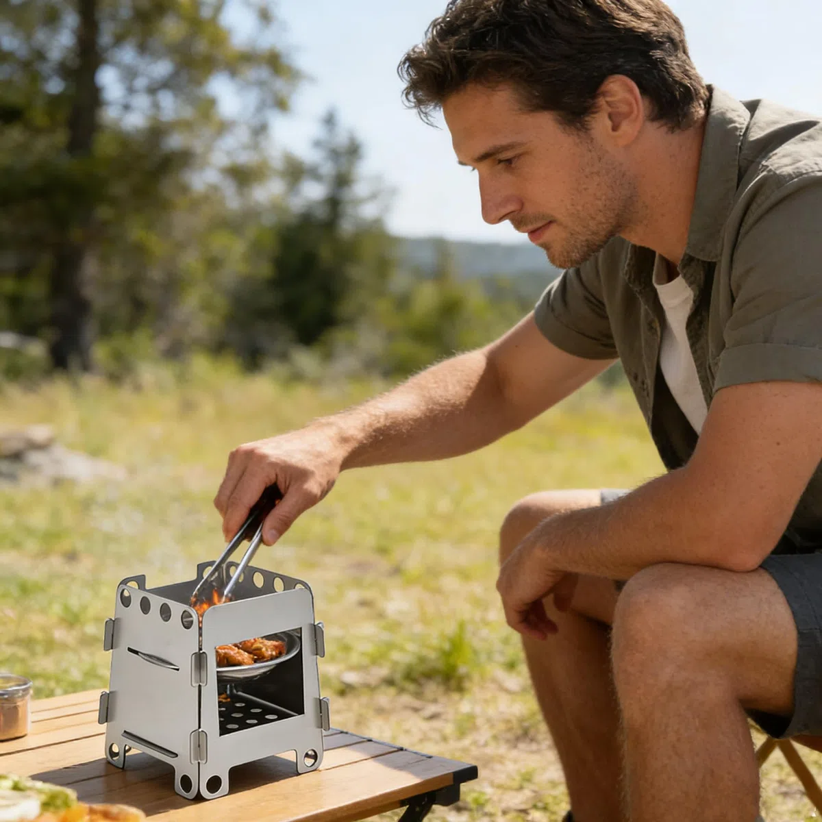 Estufa de Leña Pequeña (Con Bandeja Alcohol), Portátil Desmontable Picnic Al Aire Libre Multifuncional, Acero Inoxidable Estufa Campamento Senderismo, Cocina Campamento Al Aire Libre