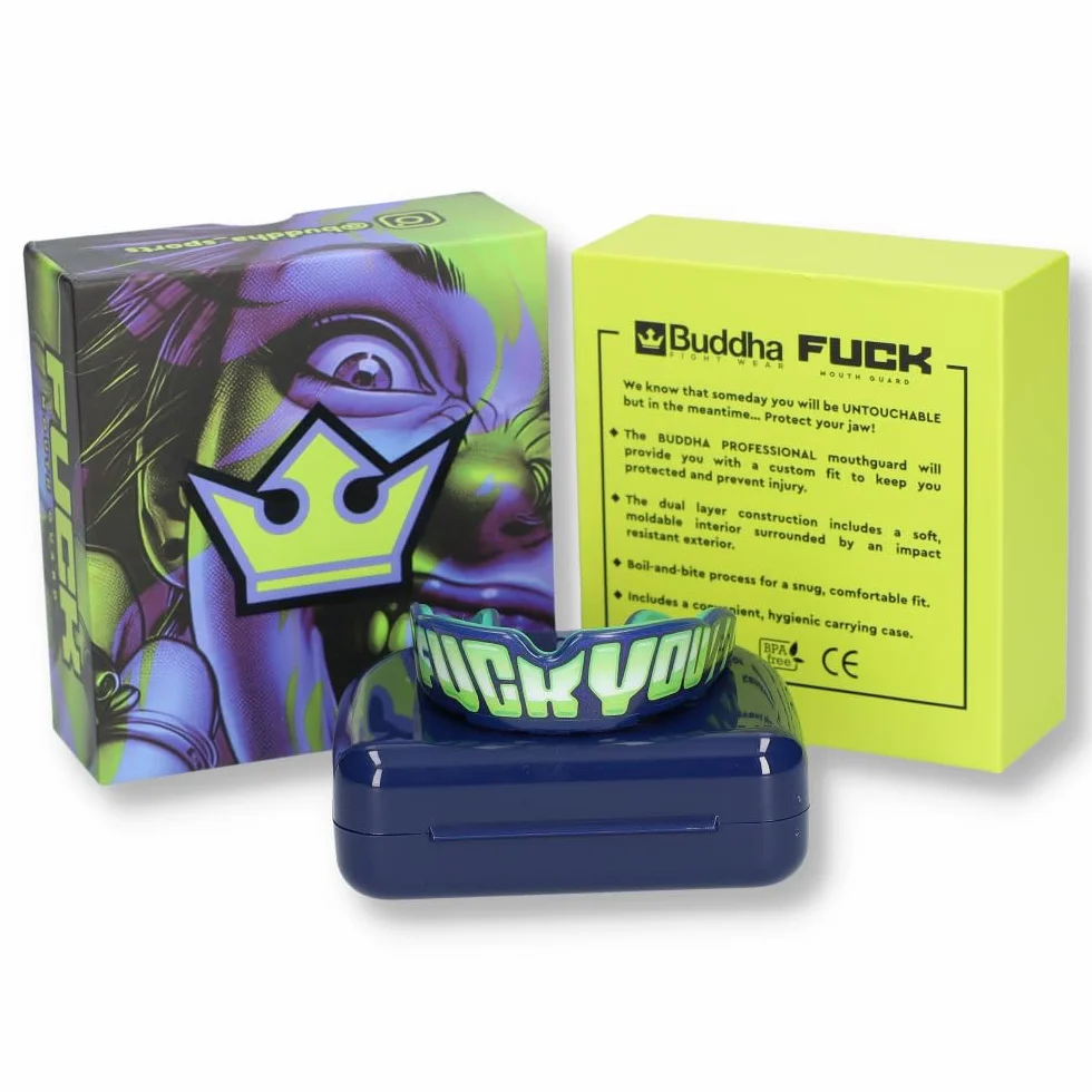 BUDDHA FIGHT WEAR Protector bucal Premium adultos y niños +12 Años para deportes de contacto rugby MMA kickboxing judo hockey boxeo Azul-Amarillo
