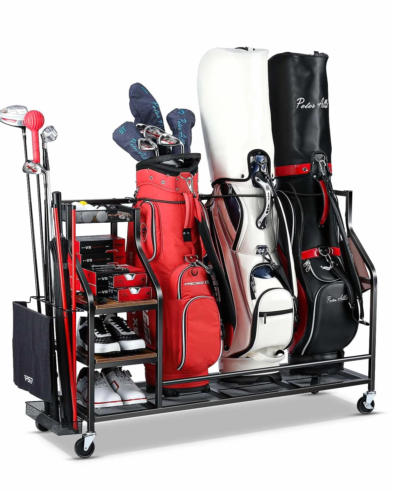 EXTCCT Organizador de almacenamiento de bolsas de golf, soporte para bolsas de golf para accesorios de equipo de golf, estante de almacenamiento de bolsas de golf con ruedas, palos de golf,
