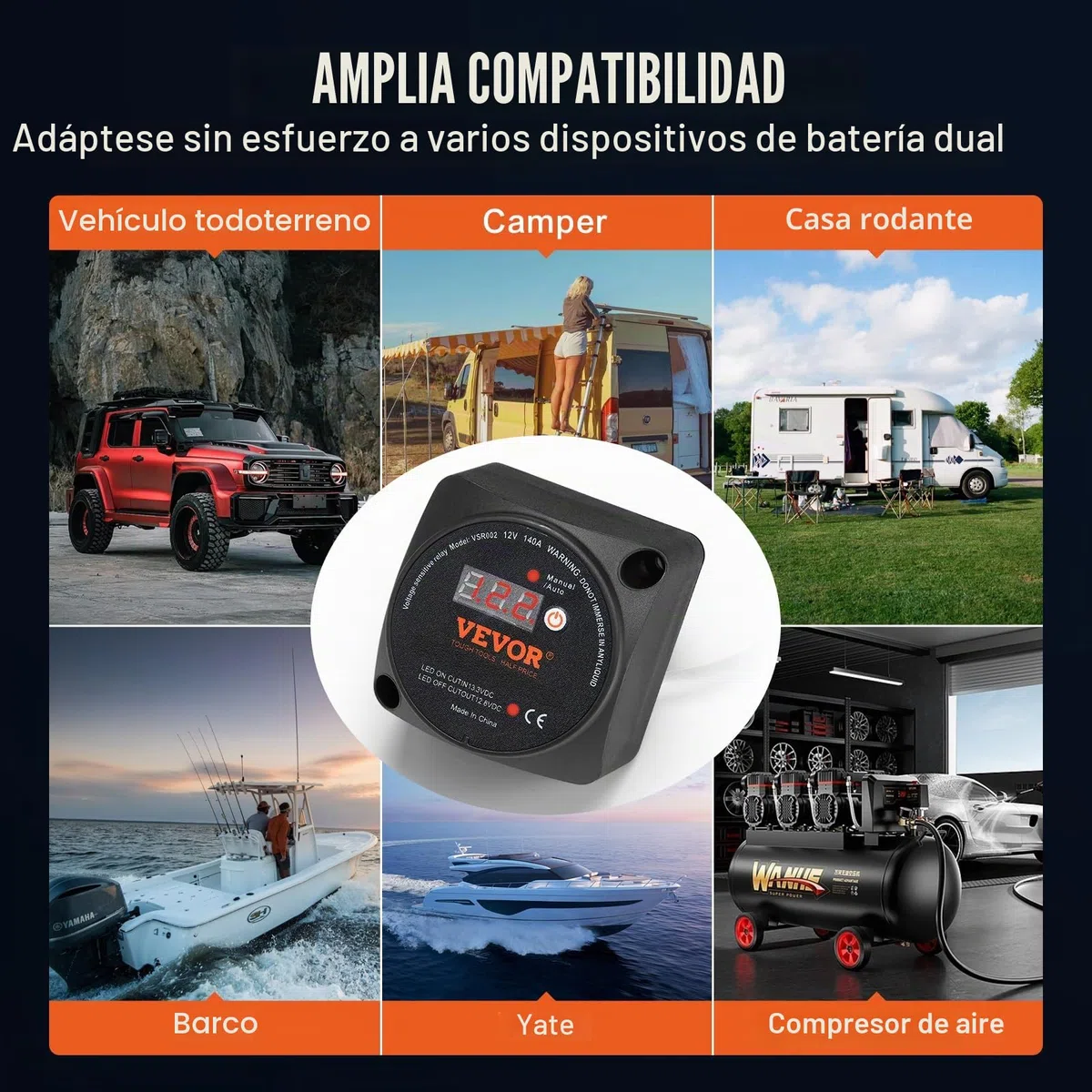 VEVOR Aislador de Batería Dual 12 V 140 A Modos Manual y Automático Relé Sensible al Voltaje con Pantalla LCD, Aislador de Batería Inteligente para Vehículo Todoterreno Caravana Camión Barco Yate