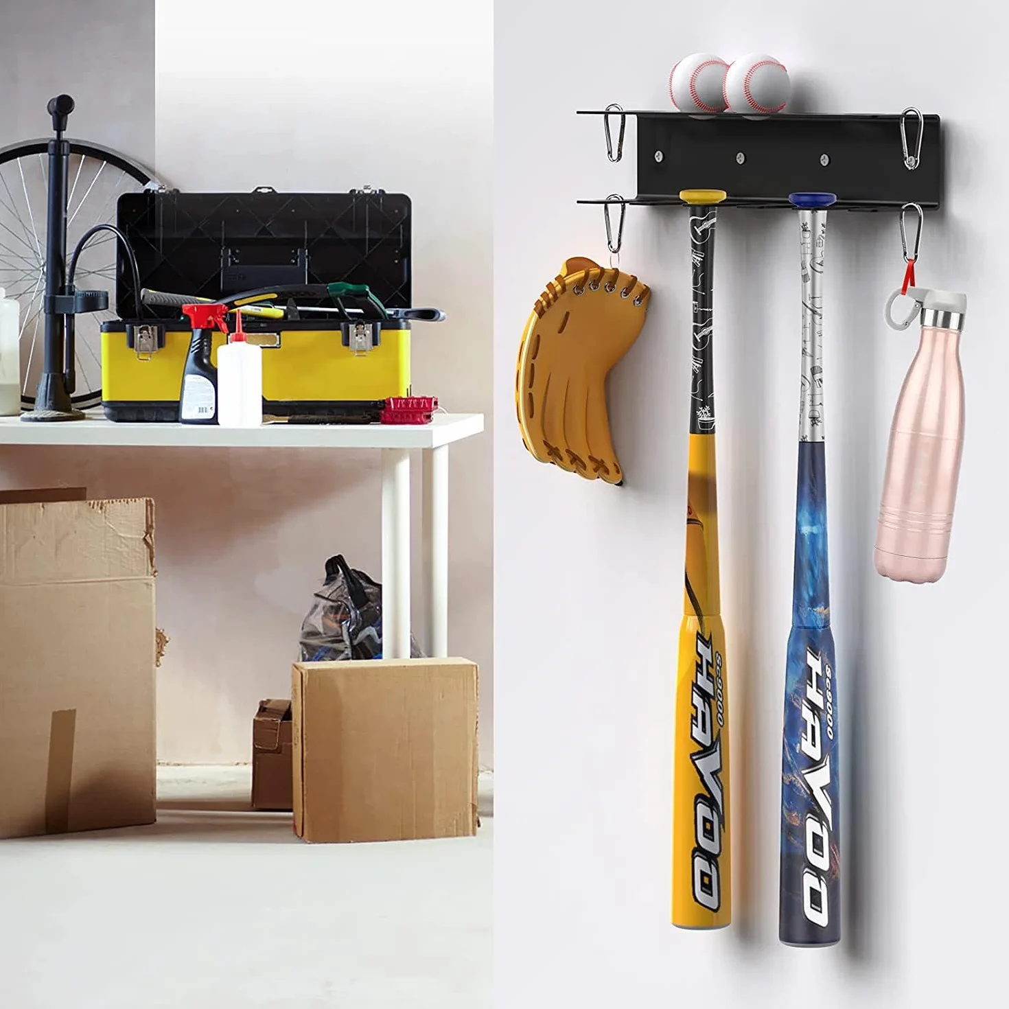 Estante de béisbol de metal resistente para raquetas y pelotas, organizador de equipamiento deportivo (negro)
