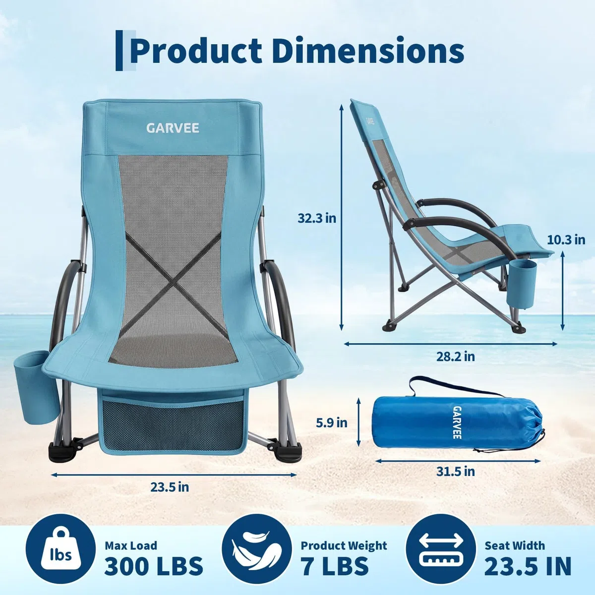 Garvee Silla de Playa Plegable Ligera – Respaldo de Malla Transpirable y Reposabrazos Acolchados – Estructura de Acero 150 kg – Portavasos y Bolsa para Móvil – Ideal para Camping, Jardín (2pcs)