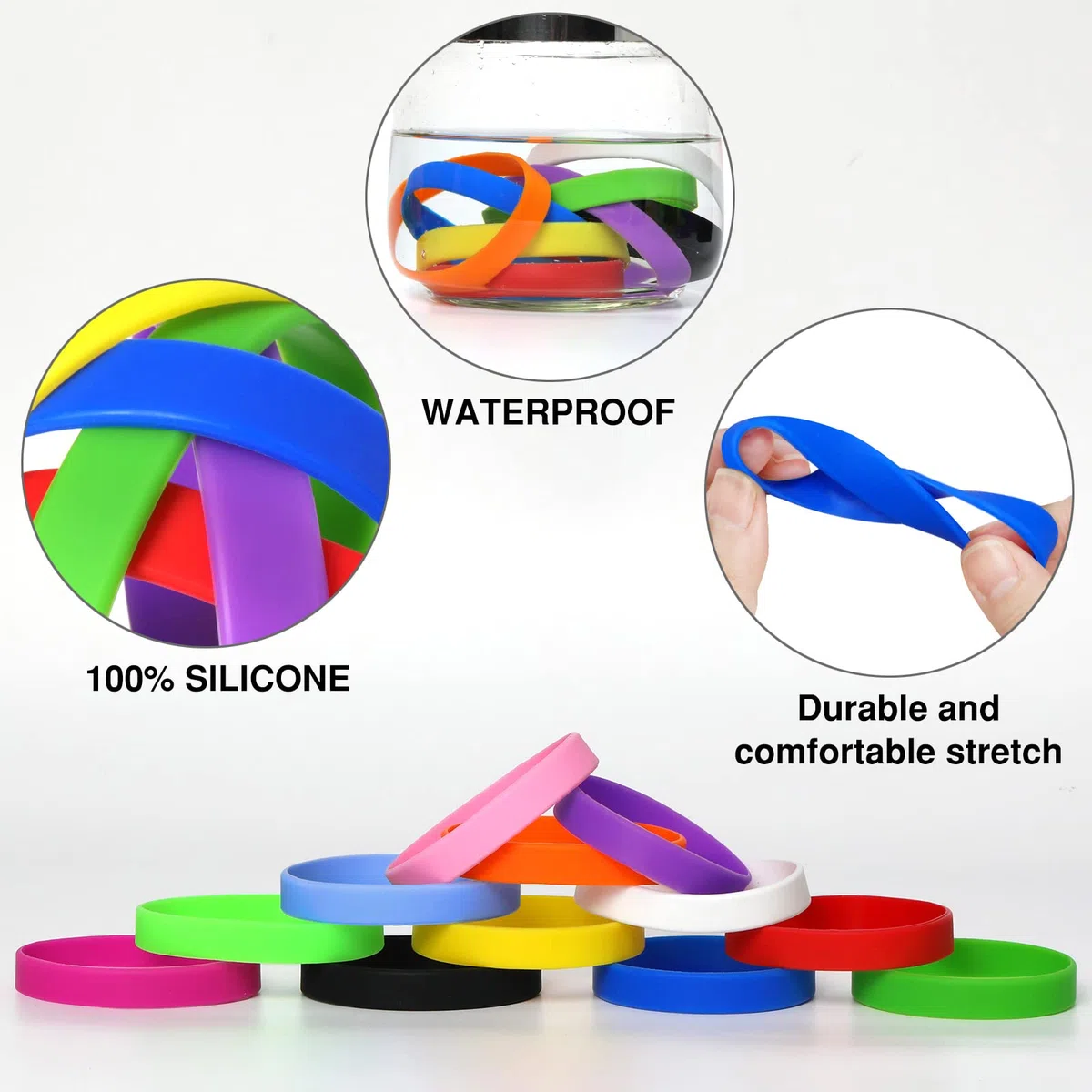 50 pcs pulseras elásticas de silicona, pulseras de goma personalizables para fiestas deportivas escolares