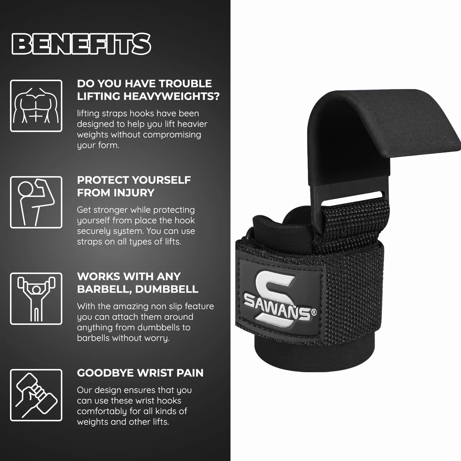 SAWANS Ganchos de elevación Antideslizantes Recubiertos de Acero sólido de Neopreno Grueso Acolchado para la muñeca, Barra de Fitness, Equipo de Entrenamiento de Fuerza