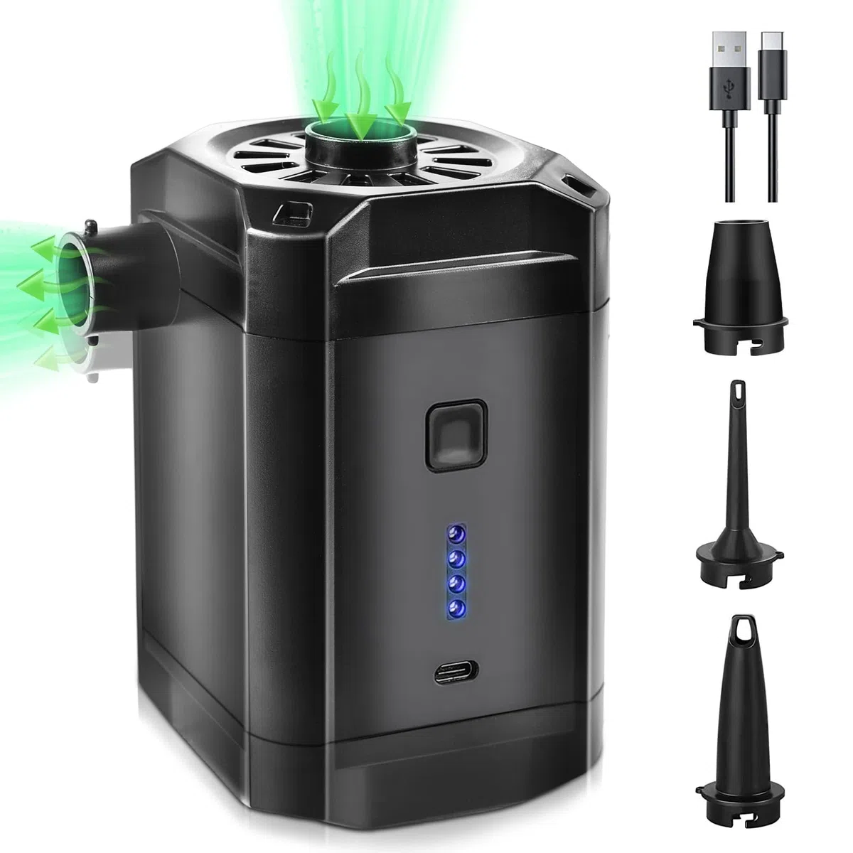 Bomba de aire eléctrica con batería, bomba para colchón hinchable 5200mAh recargable, mini bomba eléctrica de 2 en 1 con USB para inflar y desinflar, con 3 boquillas de aire para colchón hinchable