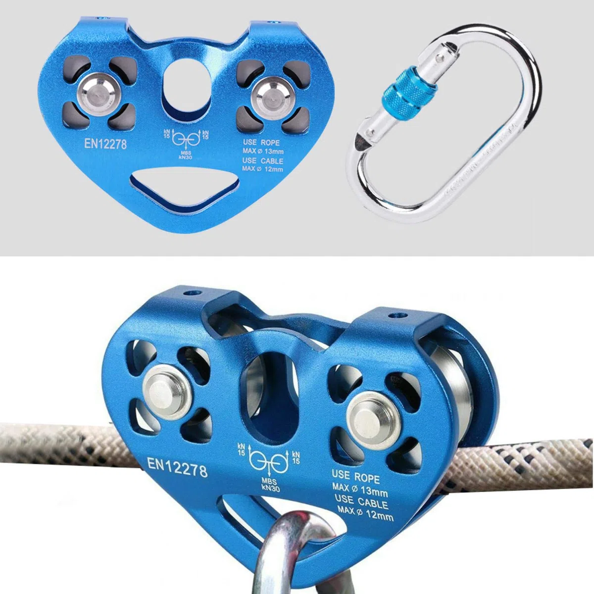 Polea en Forma de corazón de Doble expansión y Doble Eje con mosquetón en Forma de O para Escalada en Roca Espeleología Montañismo Rescate